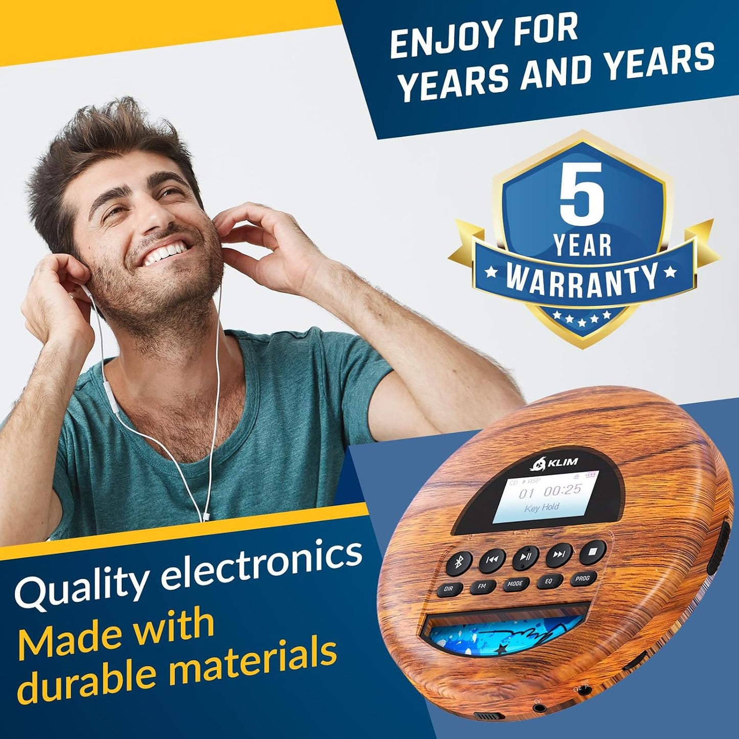 KLIM MP3 Nomad Wood - New - Portable CD Player Walkman - Long-Lasting Battery - Includes Headphones - Radio FM