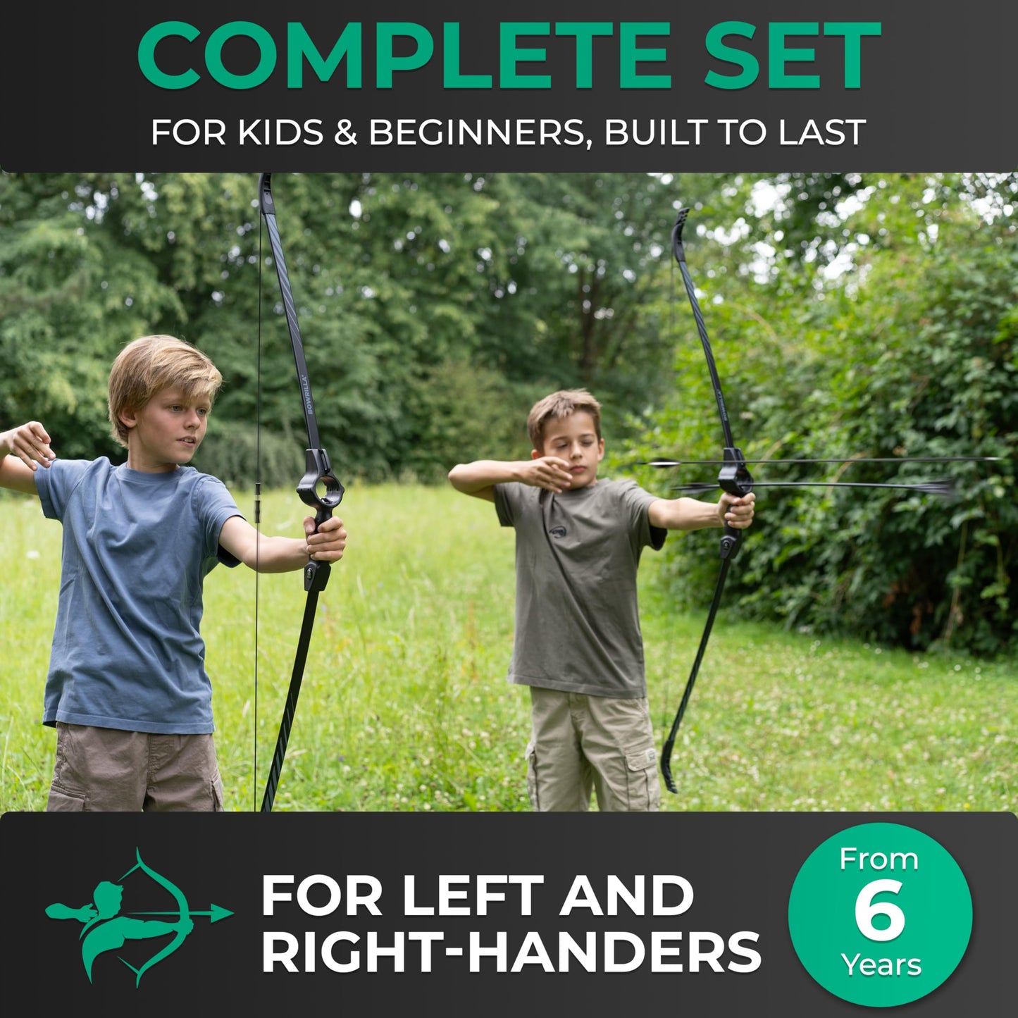 BOWRILLA® Bow and Arrow for Kids Ages 6+ | Beginner Archery Set with Aim Guide, 6 Carbon Hybrid Arrows & 3 Targets | 3-Piece Take-Down Recurve Youth Bow for Left & Right Handers