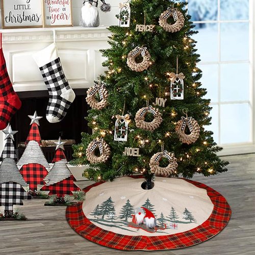 Juegoal 32-Inch Christmas Burlap Tree Skirt - Soft Red & Black Plaid with Gnome Sledding Design