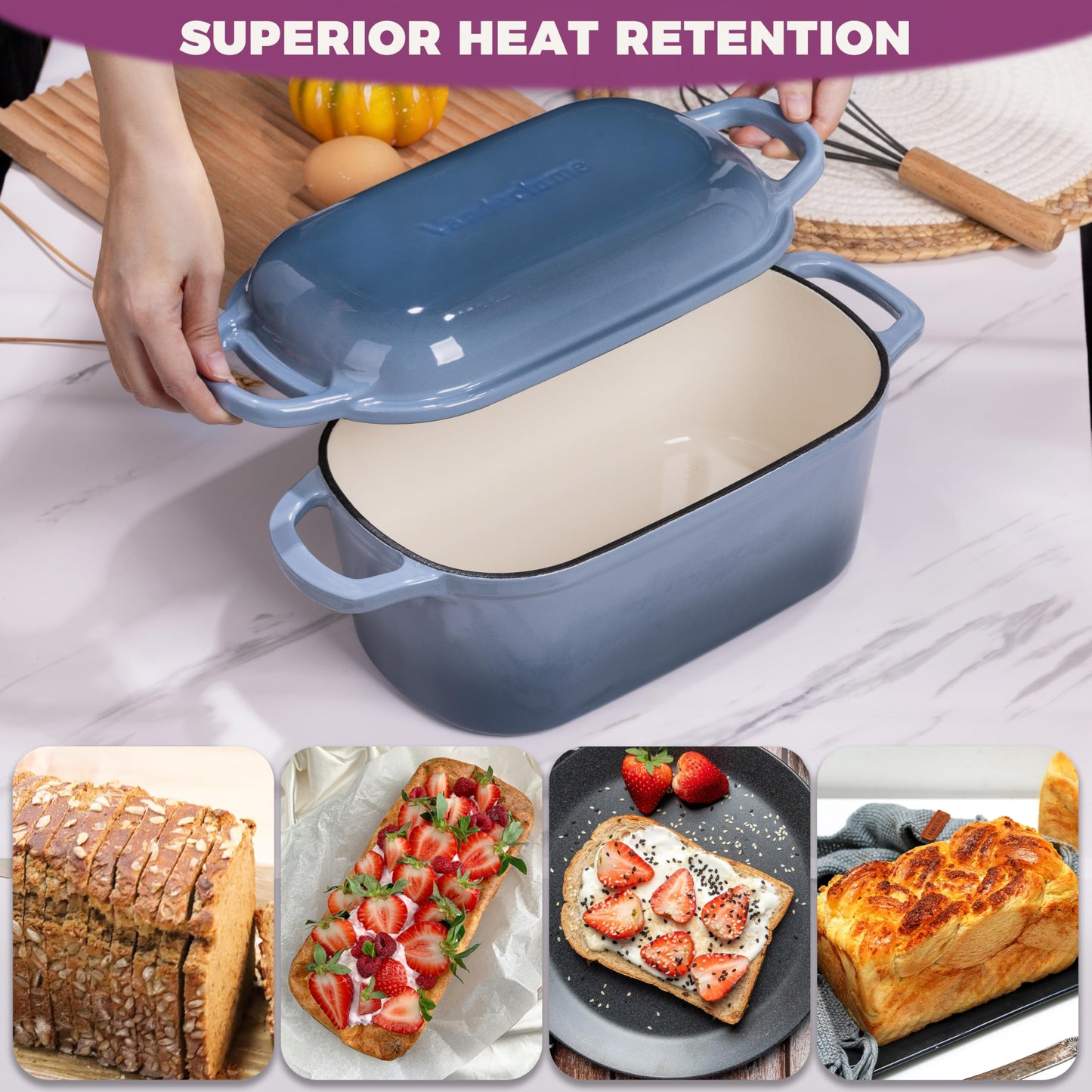 Vanderlume 4.6-Quart Oval Dutch Oven for Bread Baking, 2 in 1 Enameled Cast Iron Bread Pan with Lid, Sourdough Bread Dutch Oven for a Crispy Crust, Seasalt