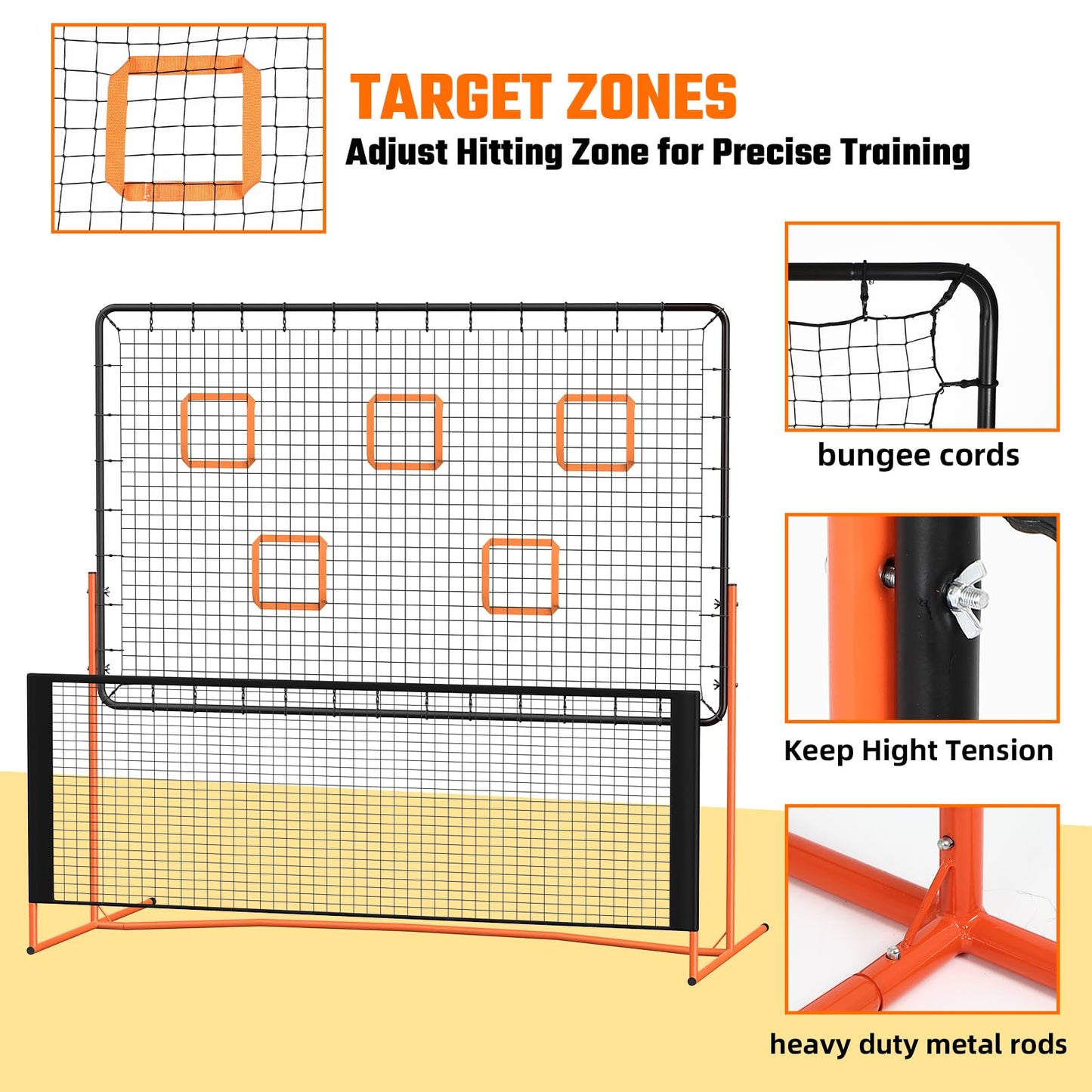 GCCSJ Pickleball Rebound Net, Pickleball Rebounder Training Equipment, for Single Player Practice Hitting, Doubles, Suitable for Garage, Backyard, Park, Indoor and Outdoor (Orange)