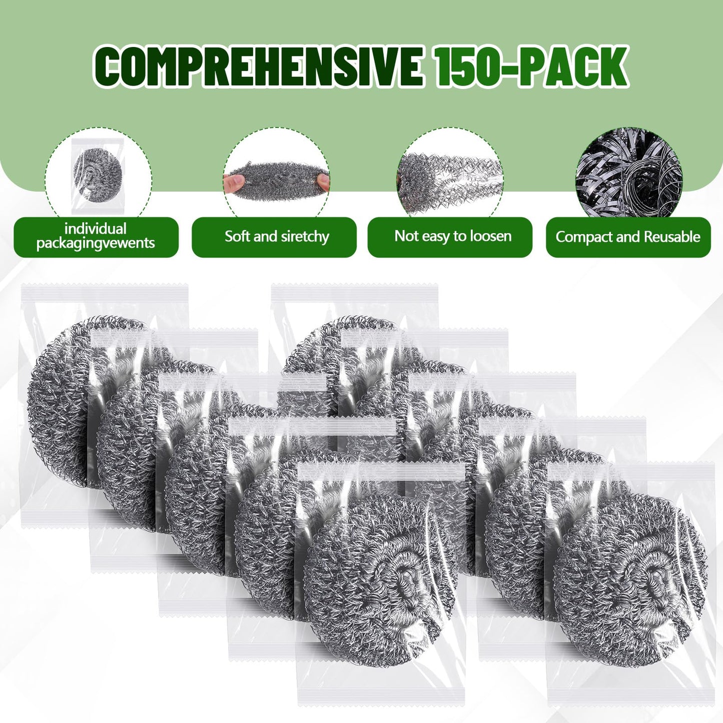 Honeydak 150 Pack Stainless Steel Scourers Steel Wool Scrubbers Bulk Separately Packaged 2.5 Inch, 15 Gram Metal Scourers Sponges Wire Scouring Pad for Stove Pot Pan Oven Kitchen Restaurant(Classic)