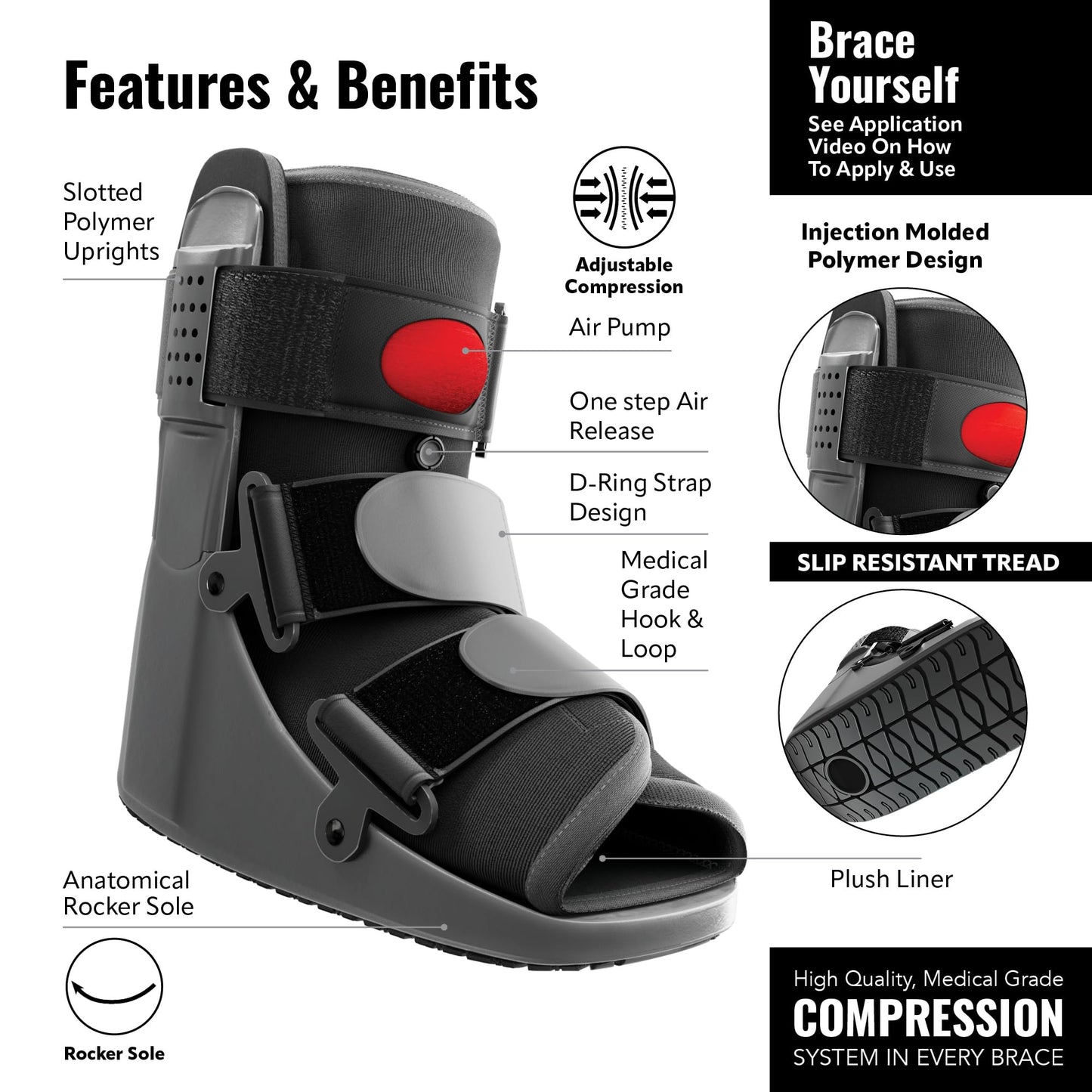 Braceapedia Rapid Recover Short Walking Boot, Fracture Boot, Medical Grade Fracture Foot & Ankle Support Brace Adjustable Air Pump, Sprain & Injury Recovery, Post Op Shoe, For Injured Foot, Large, Black