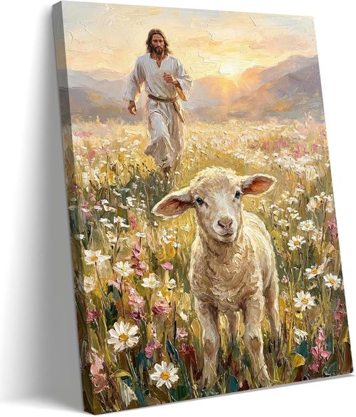 Jesus and Lamb Canvas Wall Art - Inspirational Christian Decor for Living Room | 12x16in Framed Print