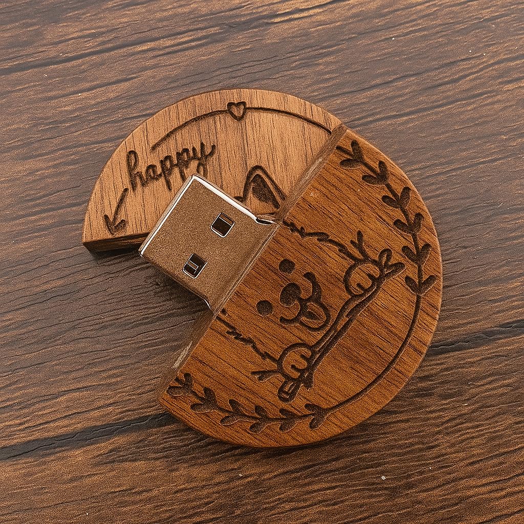 LONMAIX 16GB Round Walnut Wood USB Flash Drive - Laser-Engraved Cute Dog Design, Gift & Party Favor