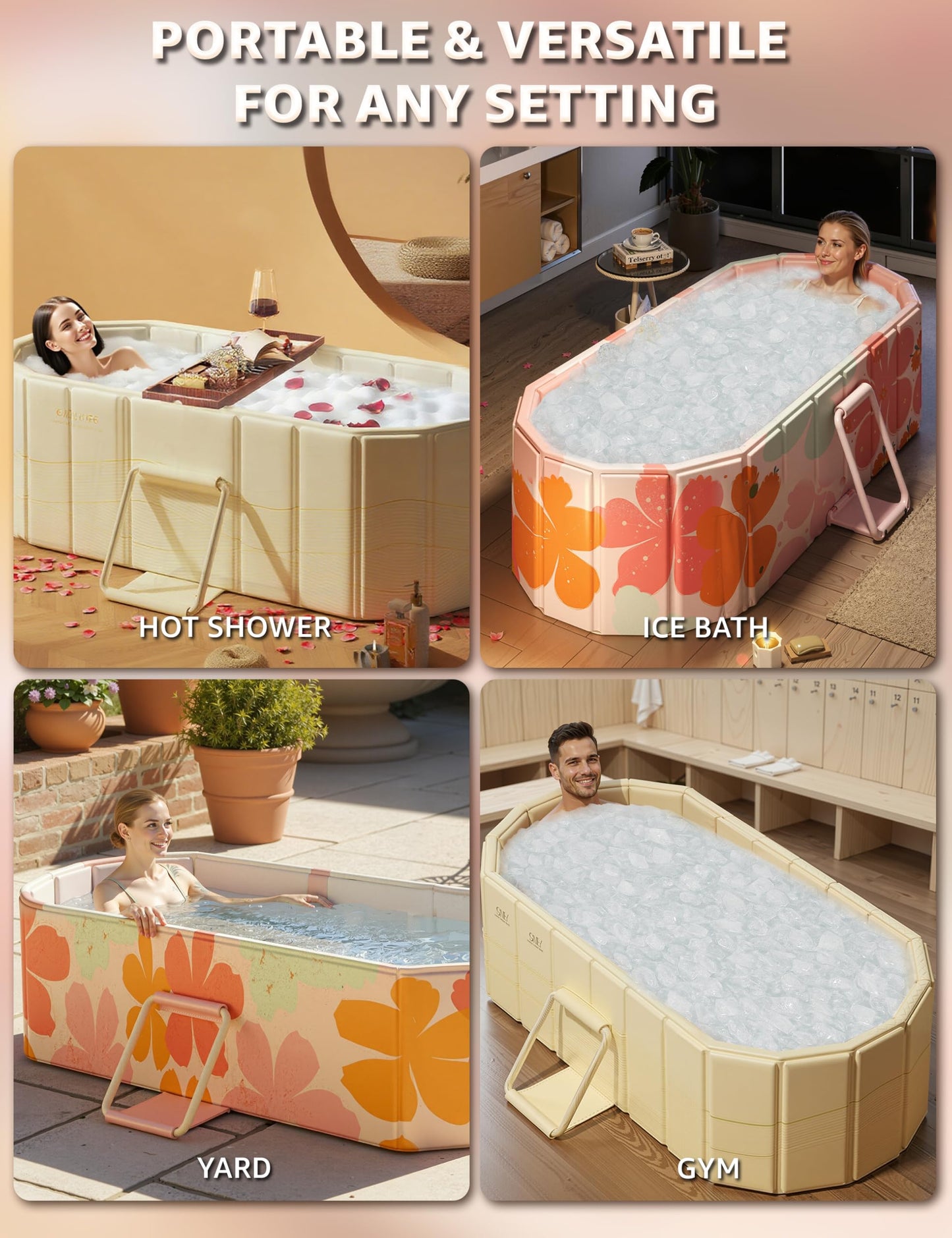 LoMoTive Portable Bathtub Ice Bath Tub - Foldable Collapsible Bathtub for Adult Shower Bathroom Hot SPA Soaking Cold Plunge Tub Freestanding Bathtub 59"Lx22"Wx20"H White