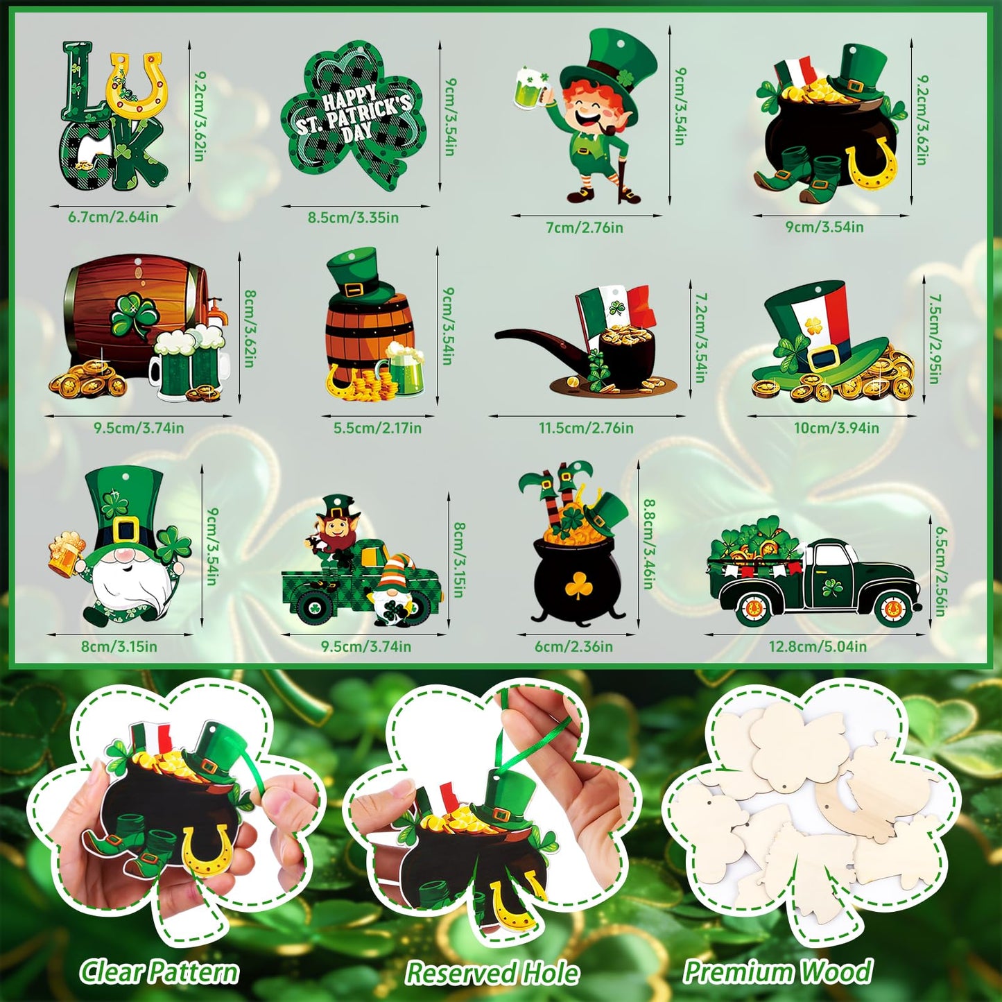 St. Patricks Day Decorations 36pcs Wooden Shamrock Ornaments, Spring Lucky Irish Day Tree Ornaments St Patrick's Day Home Party Hanging Decorations