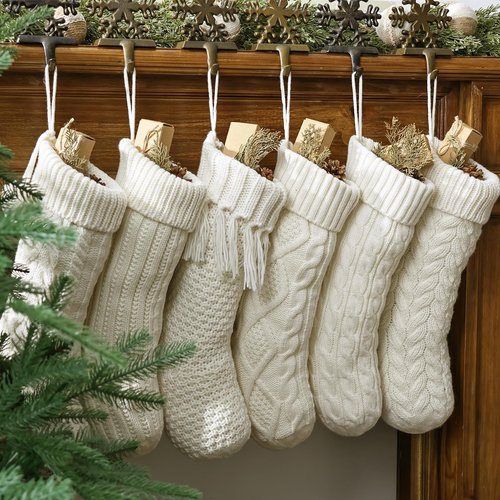 Christmas Stockings: 6 Pack 18 Inch Cream White Cable Knit Personalized Christmas Stockings, Rustic Hanging Xmas Stockings Farmhouse Boho Beige Knitted Stockings Decorations for Family Holiday Decor