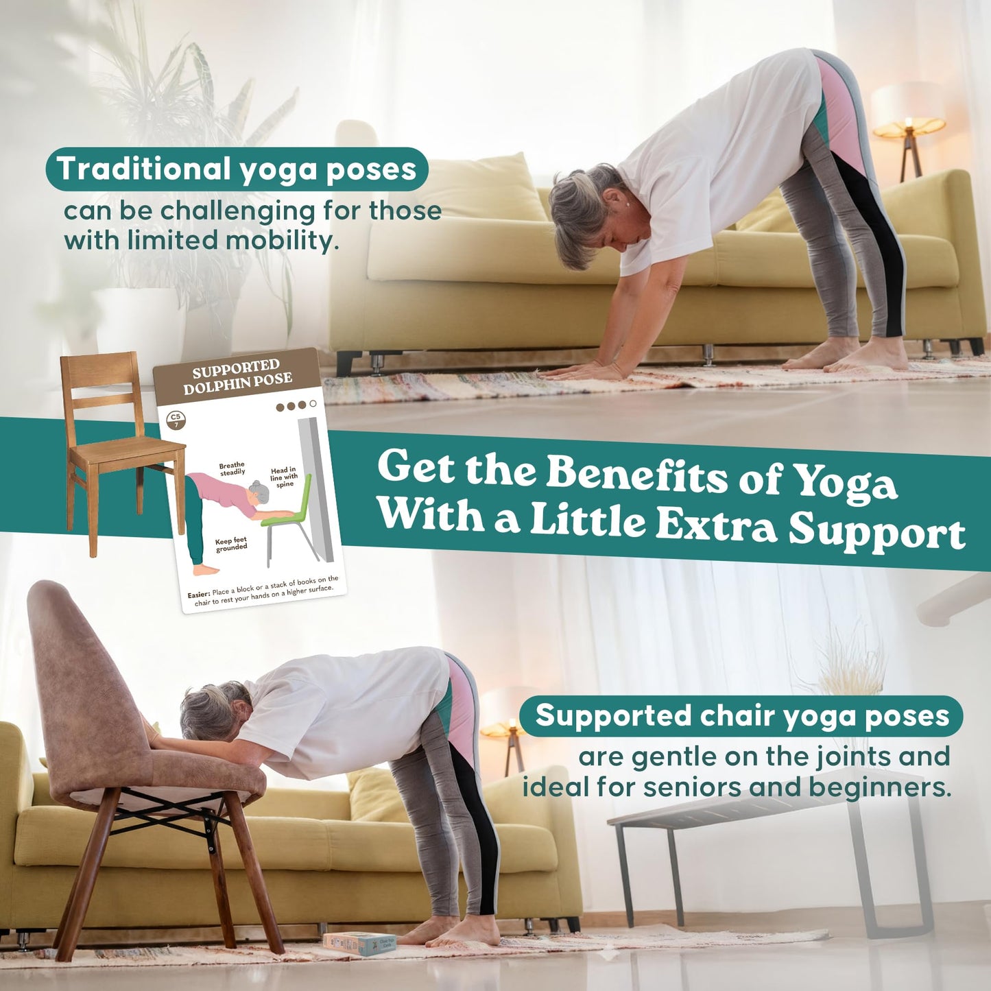 60 Chair Yoga Exercises – Gentle Workouts for Flexibility, Balance & Strength – Big 4″ x 6″ Cards with Step-by-Step Large-Text Instructions – Guidebook & 10 Pre-Made Routines for Seniors & Beginners