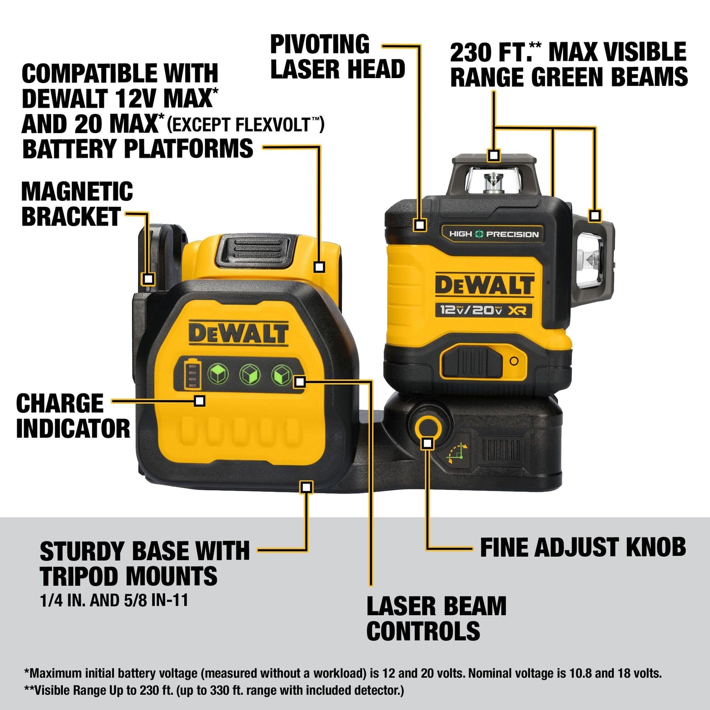 DEWALT 12V/20V MAX XR Line Laser, High Precision 3 X 360, Green, Battery and Charger Included (DCLE34033D1)