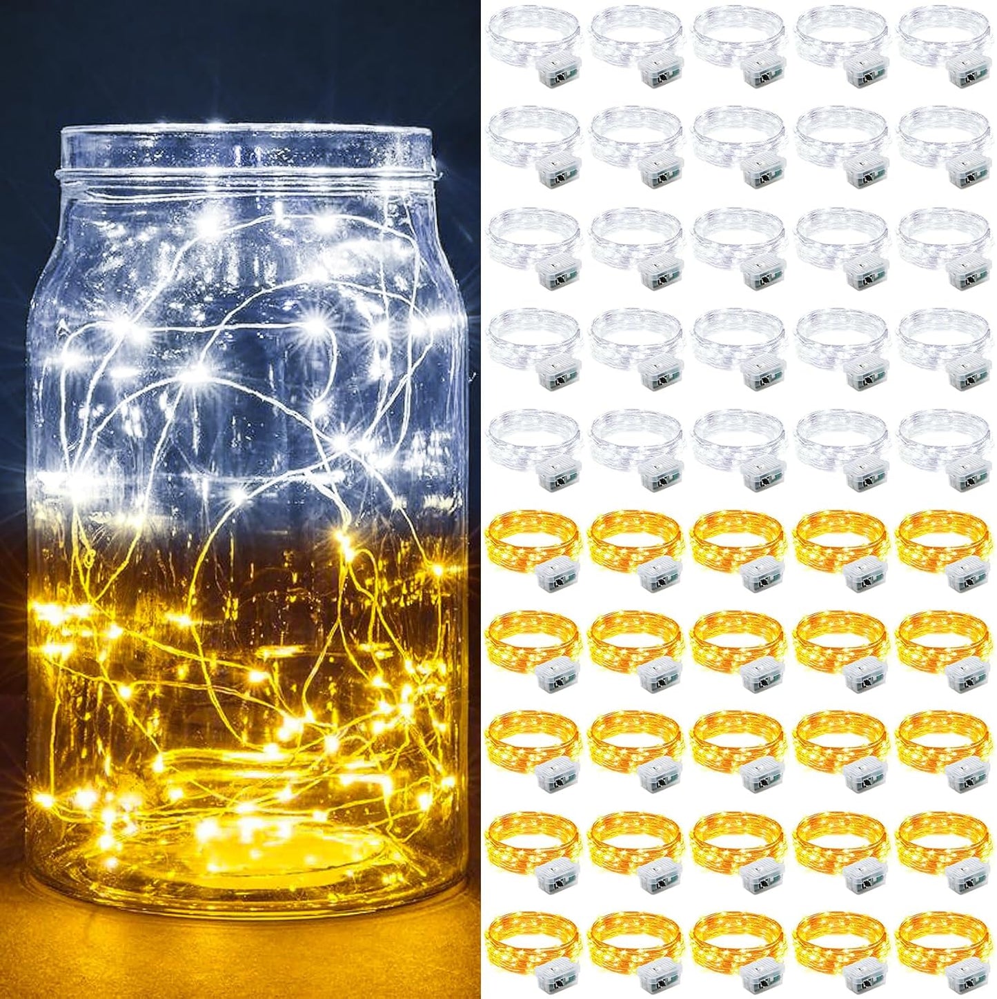 Skiennix 50 Pack Fairy Lights - 7Ft 20 LED Twinkle String Lights | Battery Operated & Waterproof for Weddings, Parties & Decor - Warm White & White