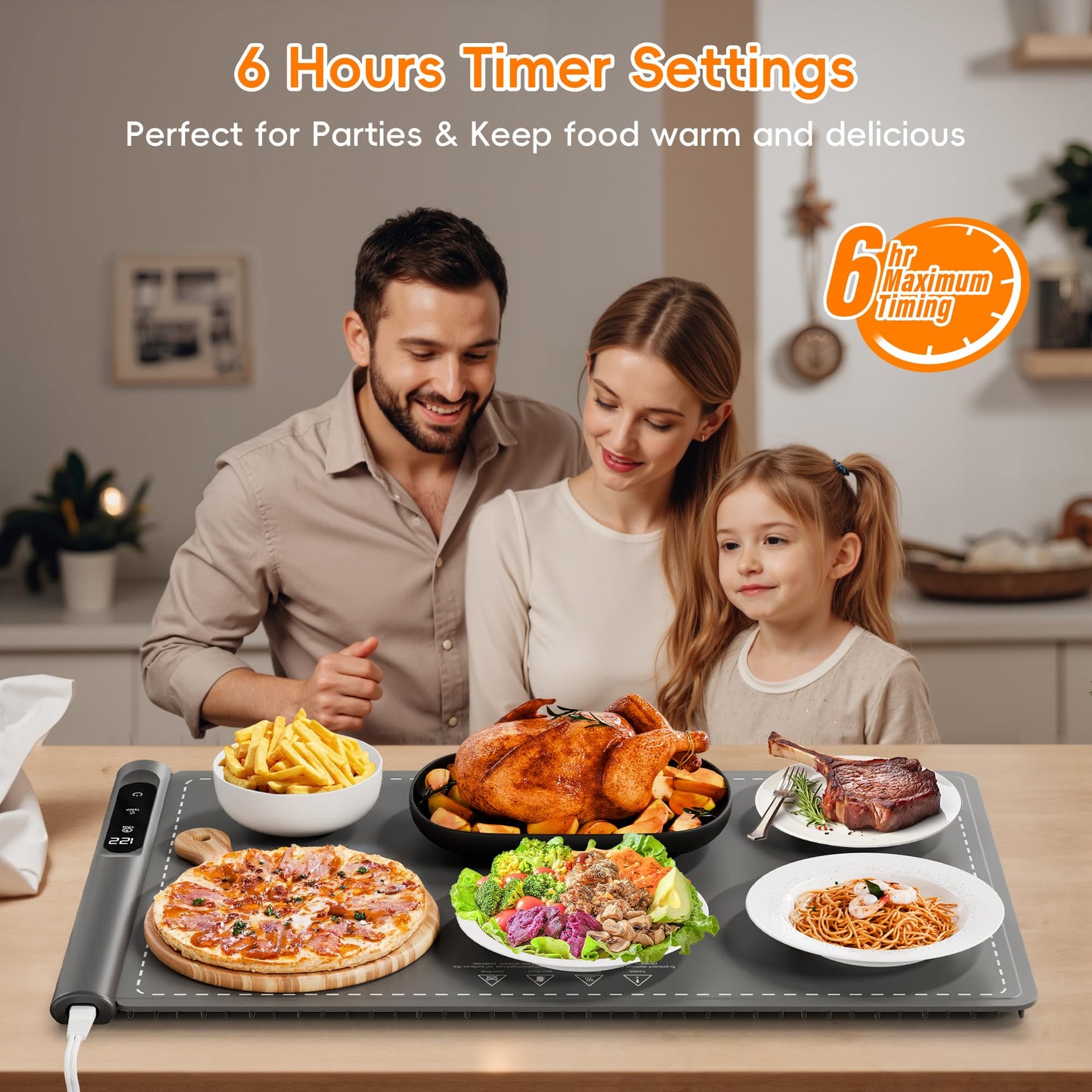 Newise Warming Mat for Food - Graphene Rapid Heating Food Warmers for Countertop, Portable Electric Warming Tray with 6 Temperature Levels, Kitchen Practical Gifts for Mom Wife, Gray