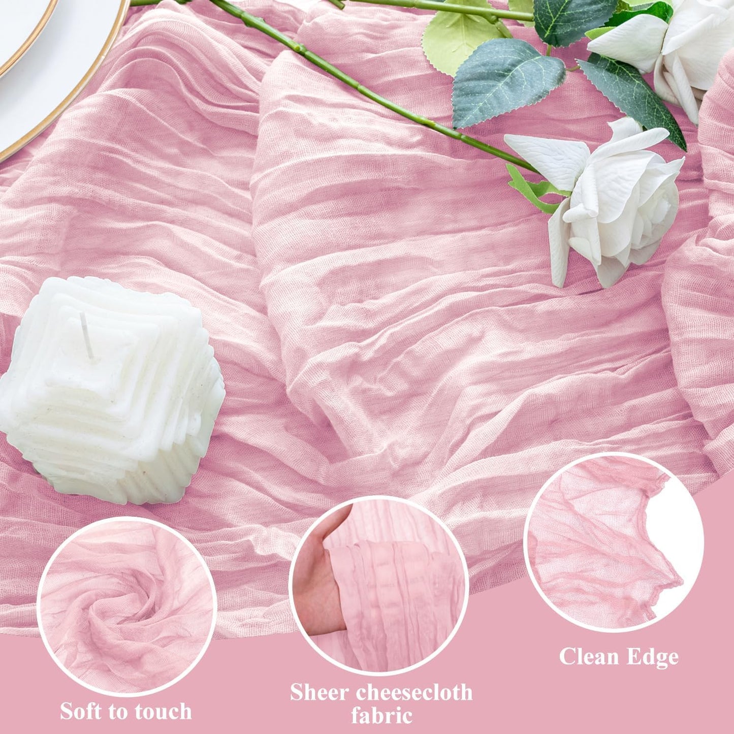 Skiennix 3PCS Table Runner Set - Blushing Pink Boho Gauze Cheesecloth for Summer Weddings & Parties