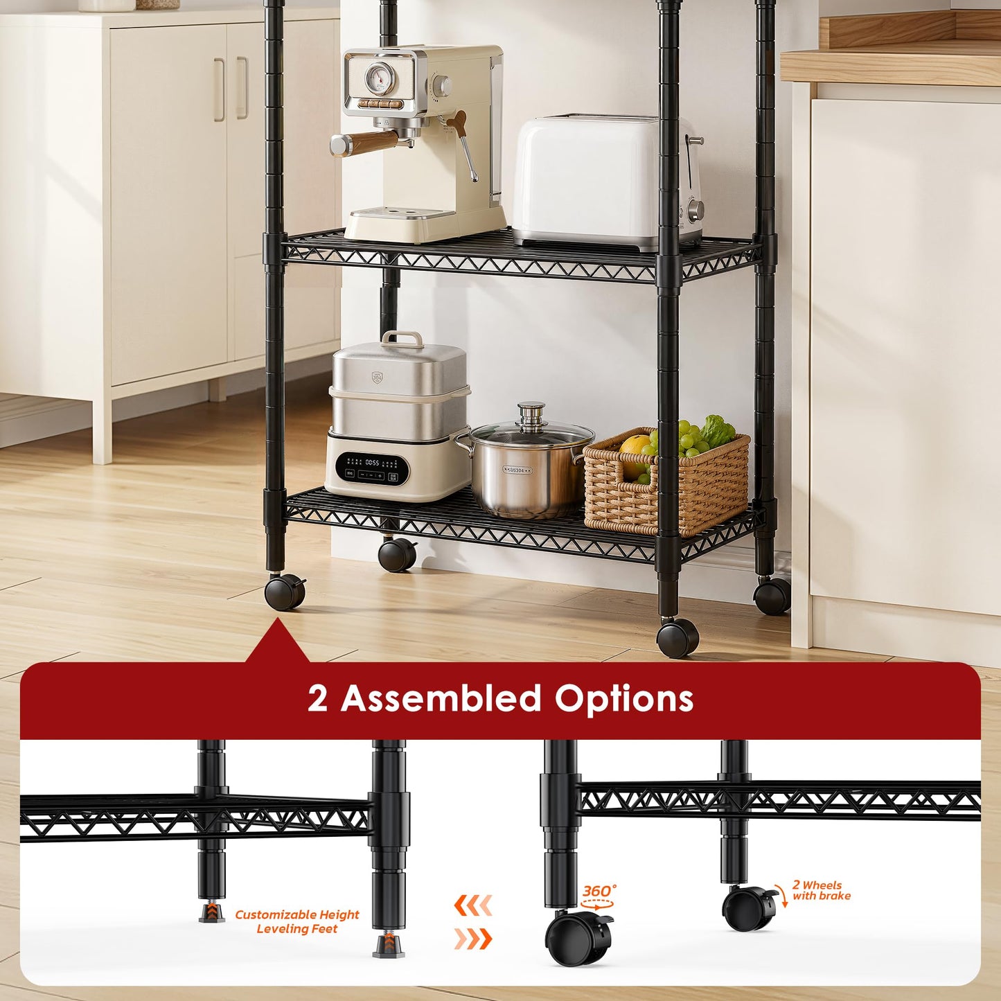 Simple Deluxe 4-Tier Heavy Duty Adjustable Storage Shelf with Wheels, 23.23”W x 17.63”D x 47.24”H, Wide Mobile Metal Shelving Unit, Easy Assembly for Living Room, Office,Black