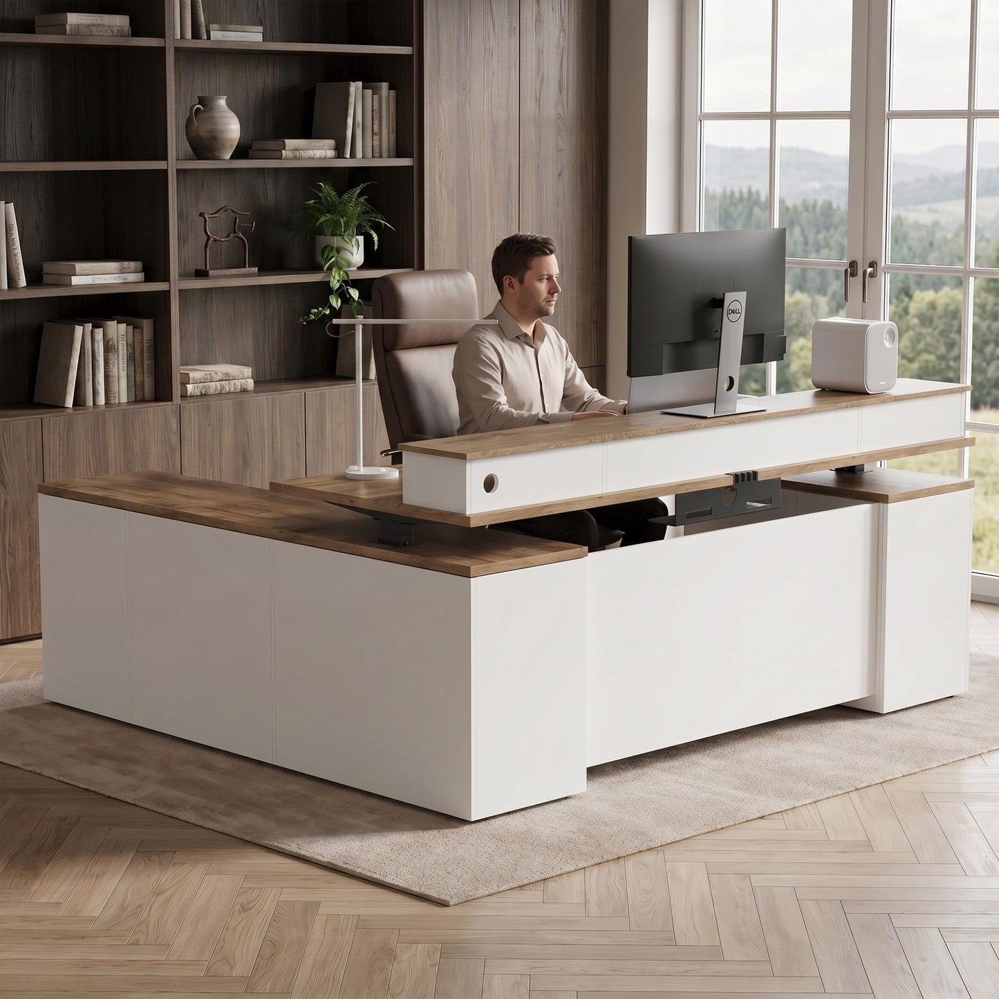 ZIMASYA 71" L Shaped Executive Desk with Table Board & File Cabinet Drawers Outlet USB,Height Adjustable Desk Privacy Panel Sit-Stand Workstation for Boss Managers Office Home,Walnut & White