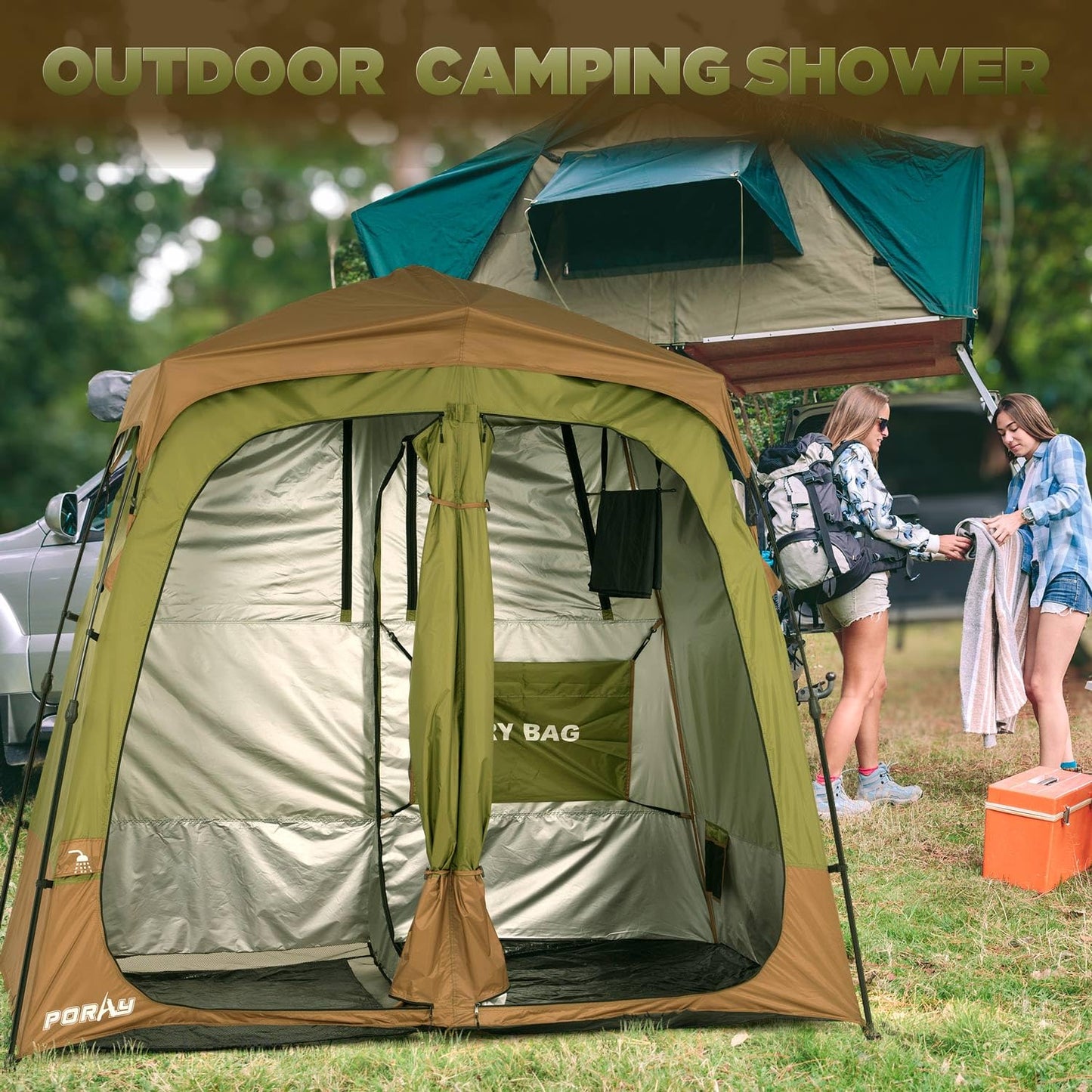 Porayhut Portable Camping Shower Tent Deluxe Changing Room Easy Set Up Privacy Shelter,Large Toilet Tent 2 Rooms with Floor Drain Design for Beach, Camping,Hiking with Stakes and Ropes for Stability