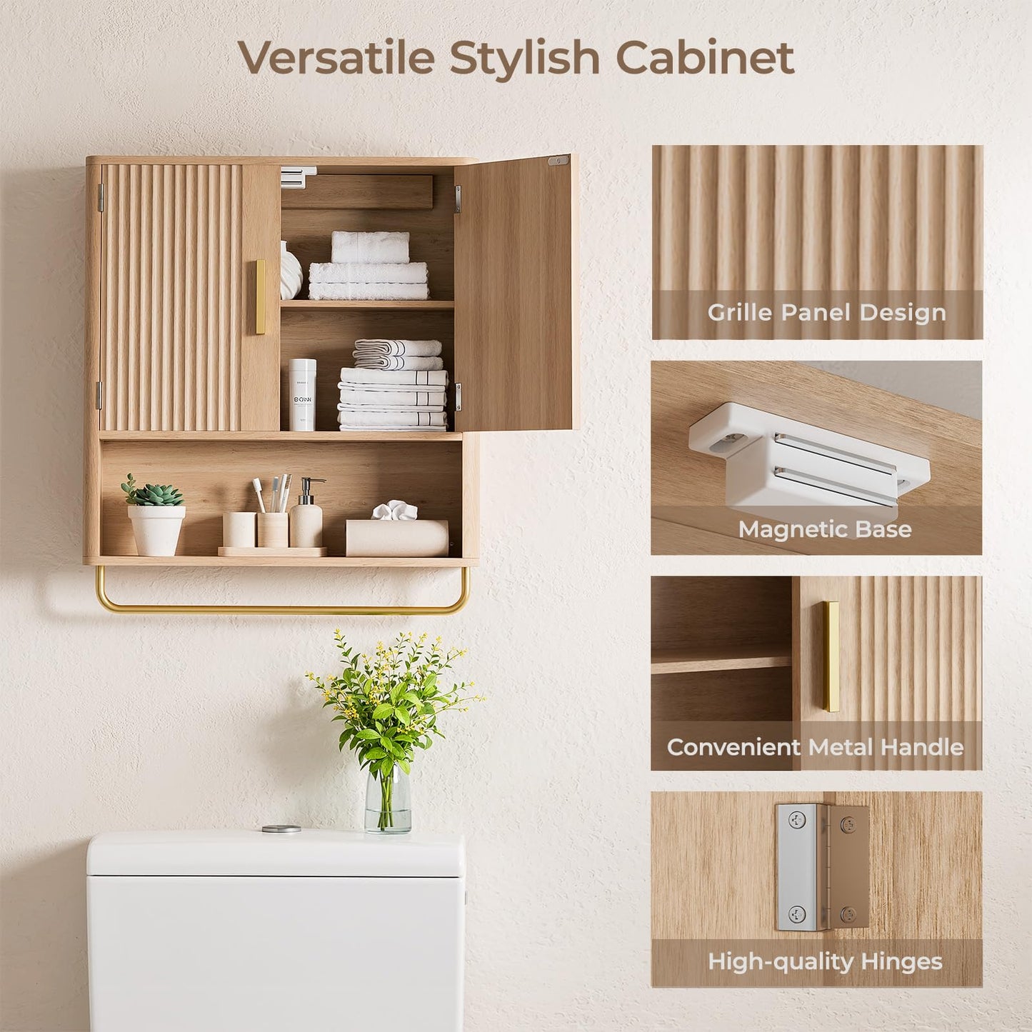 Memobarco Bathroom Wall Cabinet, Medicine Cabinet with Fluted Door & Adjustable Shelf, Over the Toilet Storage Cabinet with Towel Bar, Cabinet Wall Mount for Laundry Room & Kitchen, Wood