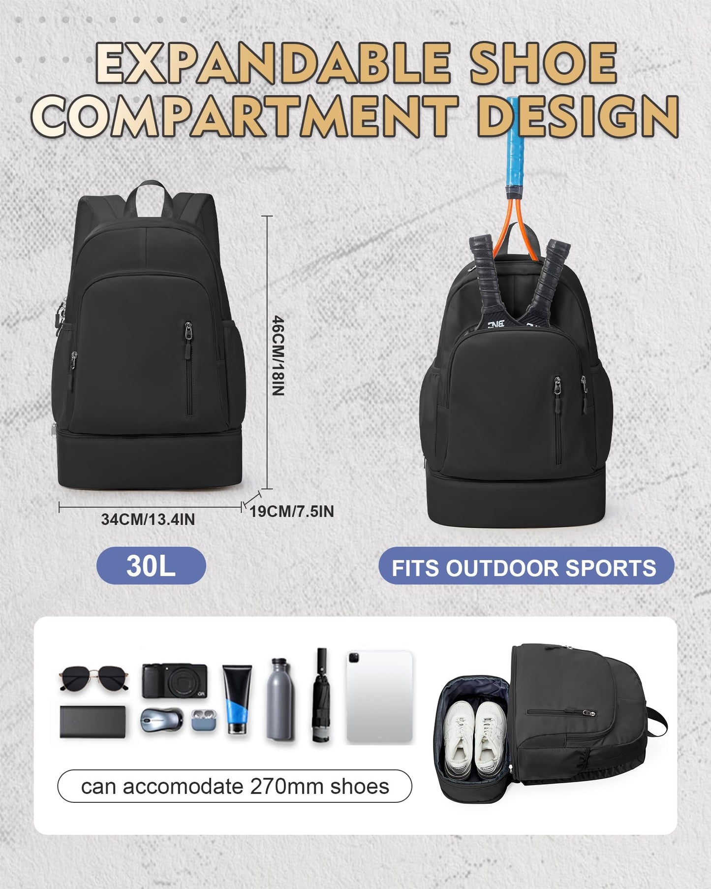 VENATIN Gym Backpack for Women Men,Cheer bag,Lightweight Gym Bag with Shoe Compartment, Waterproof Sports Backpack with Wet Pocket, Black
