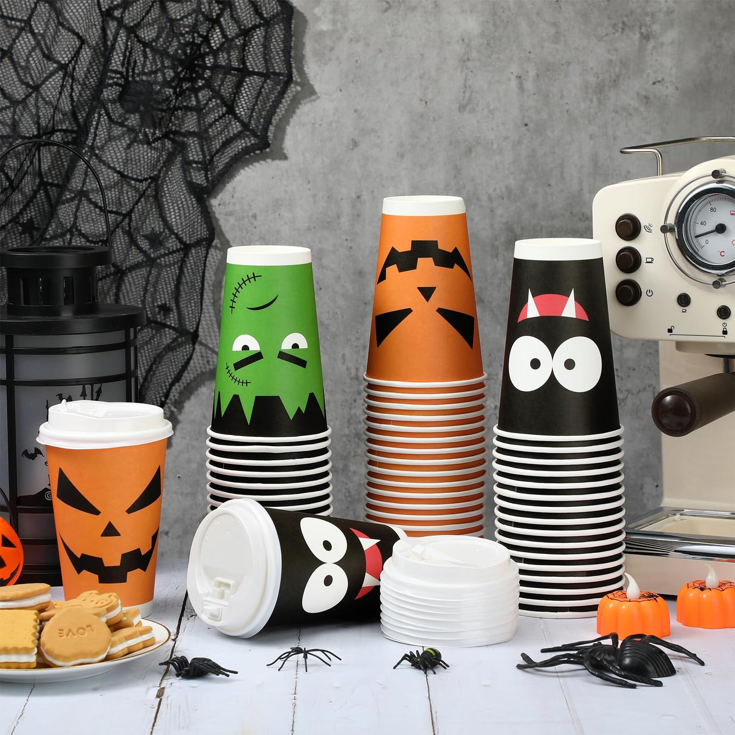 Lallisa 120 Pcs/60 Set Halloween Disposable Coffee Cups with Lids 16 oz Disposable Paper Cups Set Halloween Birthday Party Supplies for Hot Cold Drinks Tea Hot Chocolate Cocoa (Face)