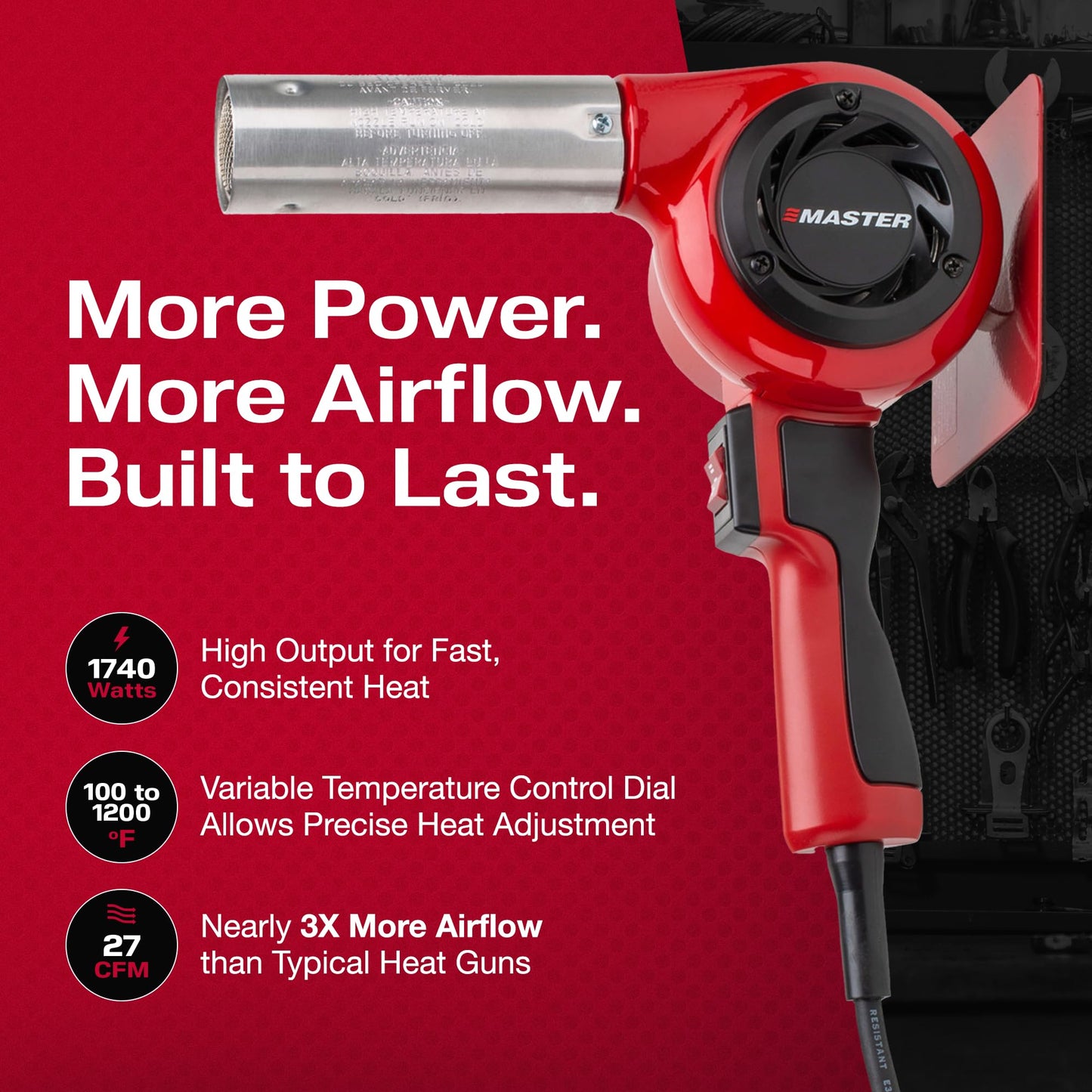 Master Appliance VT-751D Industrial Heat Gun, Quick Change Plug-In Heating Element, Variable Temperature Heat Gun, 130F to 1200F, 120V, 1740W, 14.5 Amps, Engineered In USA