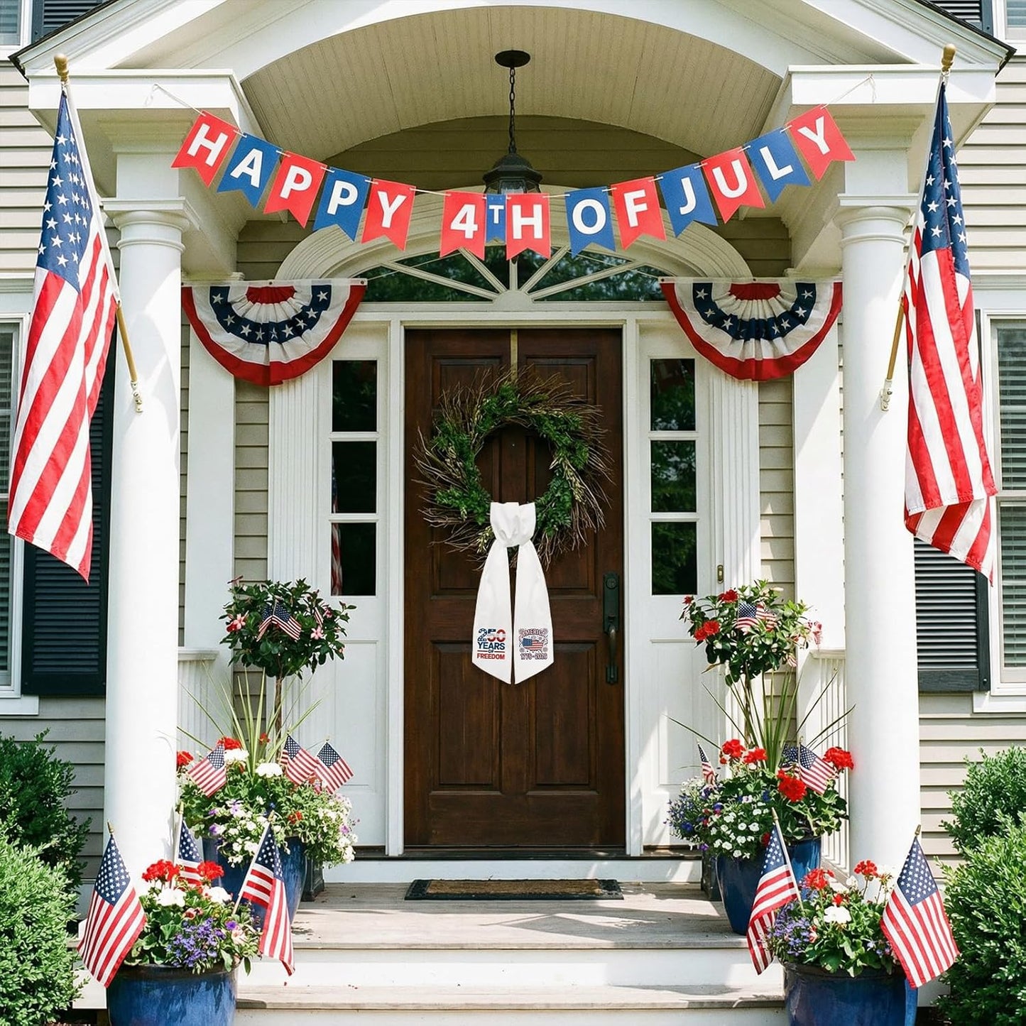 USA 250 Years Freedom Wreath Sash - Patriotic Front Door Decor with American Map Ribbon