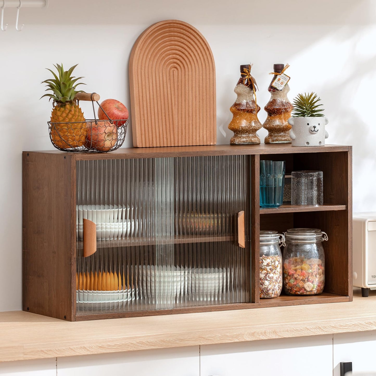 HollyHOME Bamboo Wall Mounted Kitchen Sideboard with 2 Glass Doors and Adjustable Shelves, Freestanding Wall Storage Cabinet with Side Shelf for Bottle, Dish, Bowl, Console Dining Cupboard, Walnut