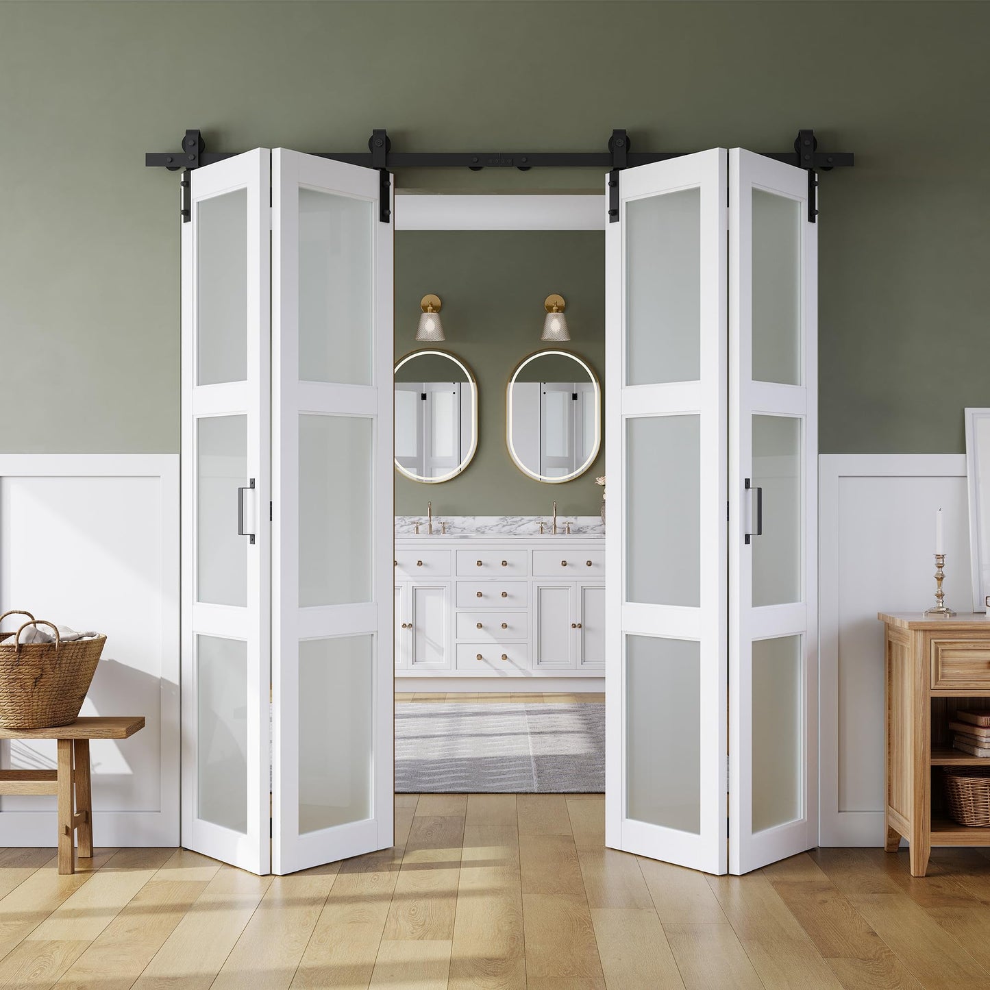 SMARTSTANDARD 80in x 84in Bifold Barn Door, Frosted Glass Barn Door with Hardware Kit Included, Pre-Drilled Holes Easy Assembly -Solid Barn Doors Slab Covered with Water-Proof PVC Surface, White