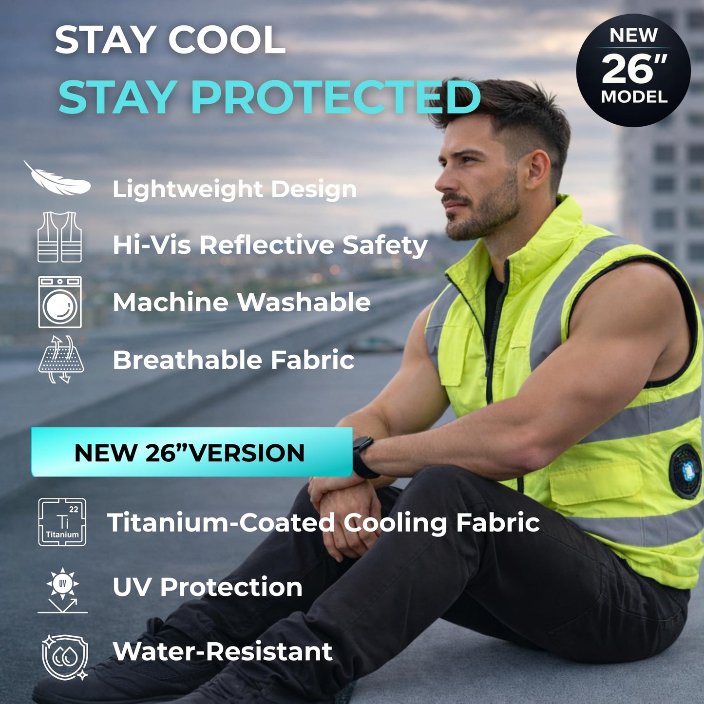 POLAR QUEST SHOP Hi-Vis Cooling Fan Safety Vest (Titanium Coated) | Reflective Work Vest with Fans & Battery, UV Protection, Water-Resistant Outdoor Work
