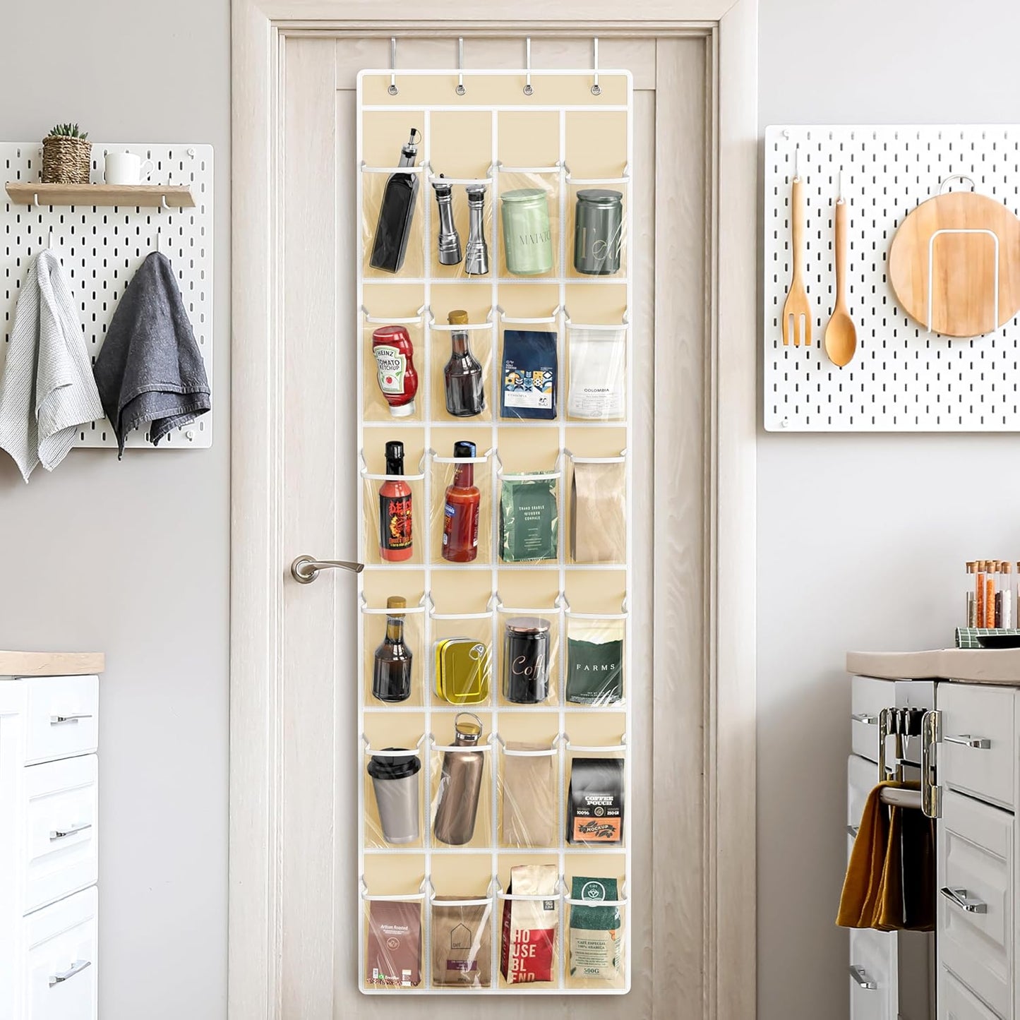 Simple Houseware 24 Pockets - Over The Door Hanging Shoe Organizer | Crystal Clear, Beige (64'' x 19'')