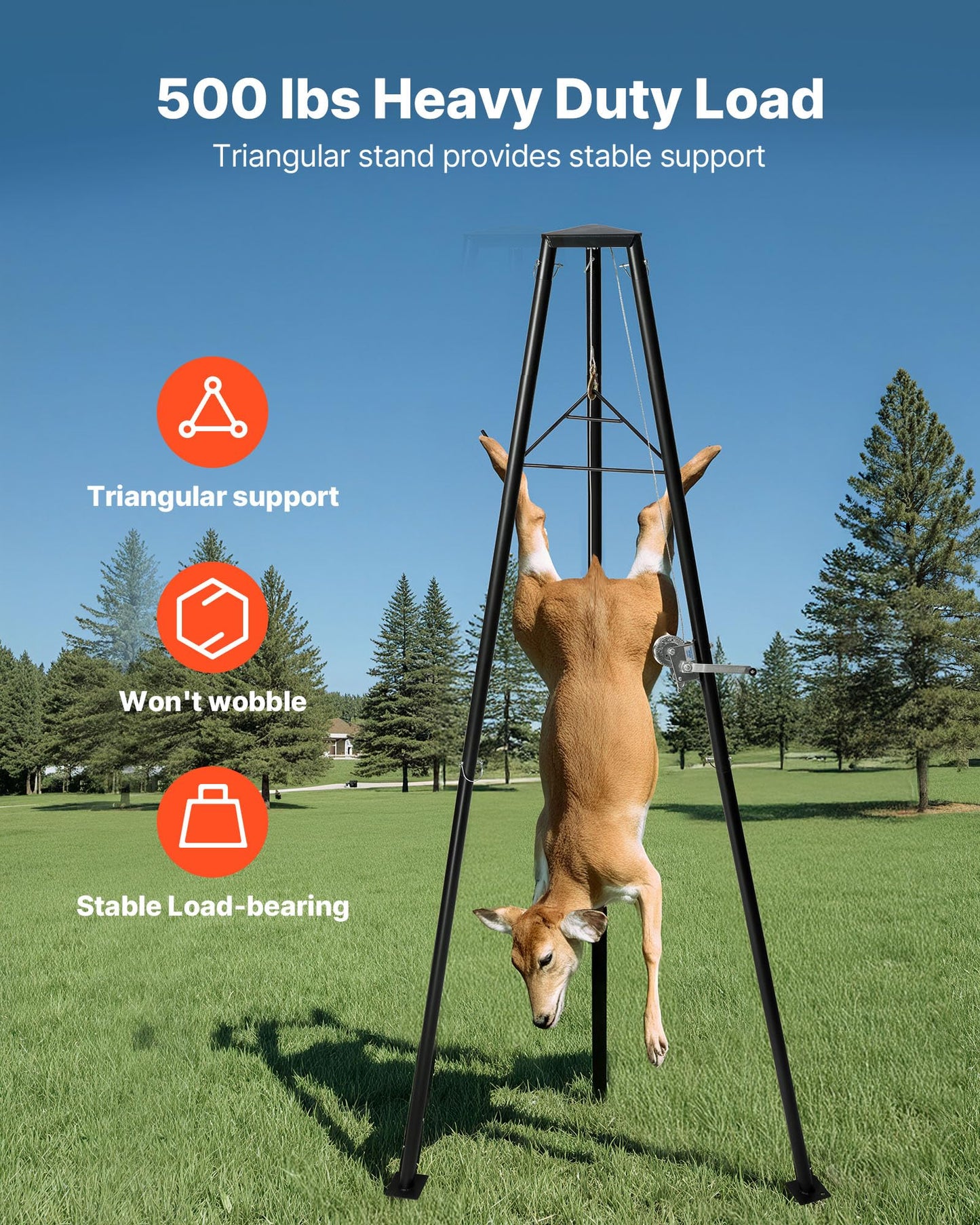 VEVOR Tripod Deer Hoist, 500 lbs Load Capacity, Hunting Game Hoist Winch Lift with Gambrel & Manual Winch, Hunting Game Skinning and Cleaning Accessory for Cleaning, Skinning, and Moving, Black