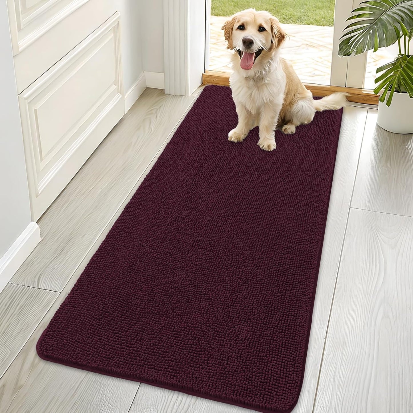 OLANLY Dog Door Mat - Absorbent Non-Slip Chenille Mat for Muddy Paws | 70x35 Inches, Quick Dry, Russet