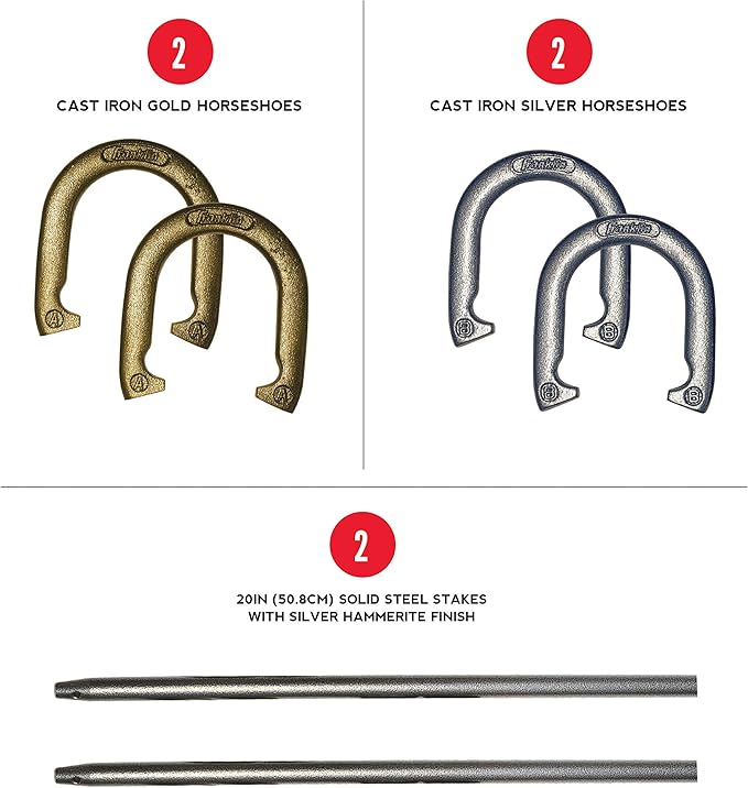 Franklin Sports Horseshoe Set - Cast iron Horseshoes and Steel Stakes - Official Size and Weight - Perfect for Yard and Beach - Recreational