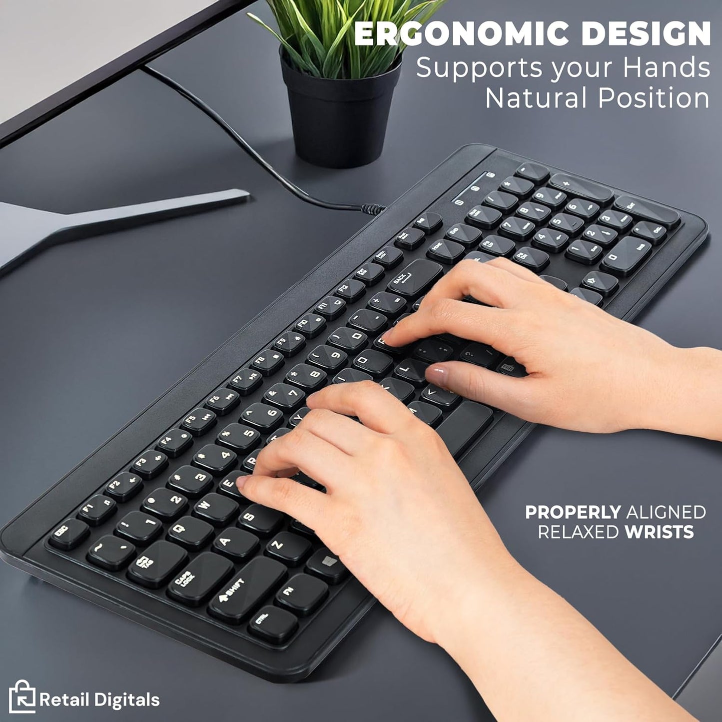 Retail Digitals Wired USB Keyboard | Full-Sized | Ergonomic | Soft Typing | QWERTY Layout | Black