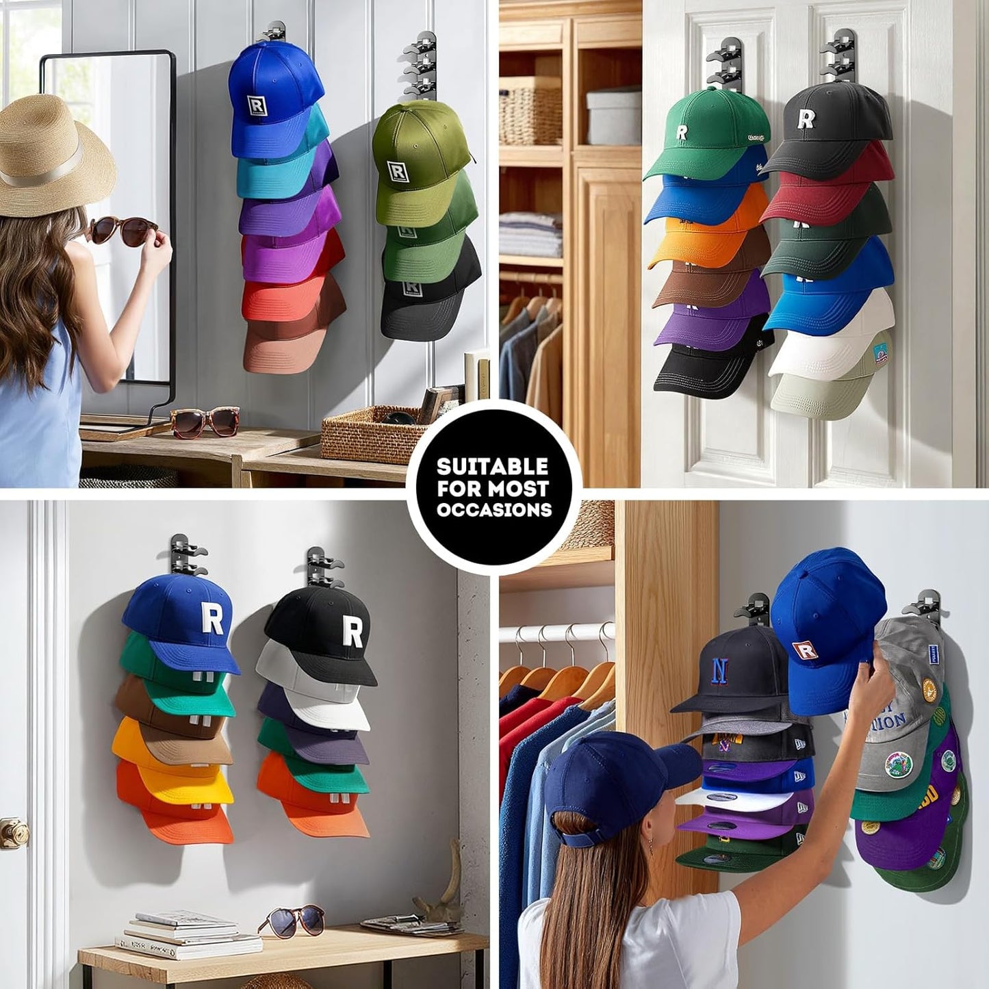 Skiennix Hat Hook Organizer - Holds Up to 20 Hats | Strong Adhesive & 8 Screws Included - Black