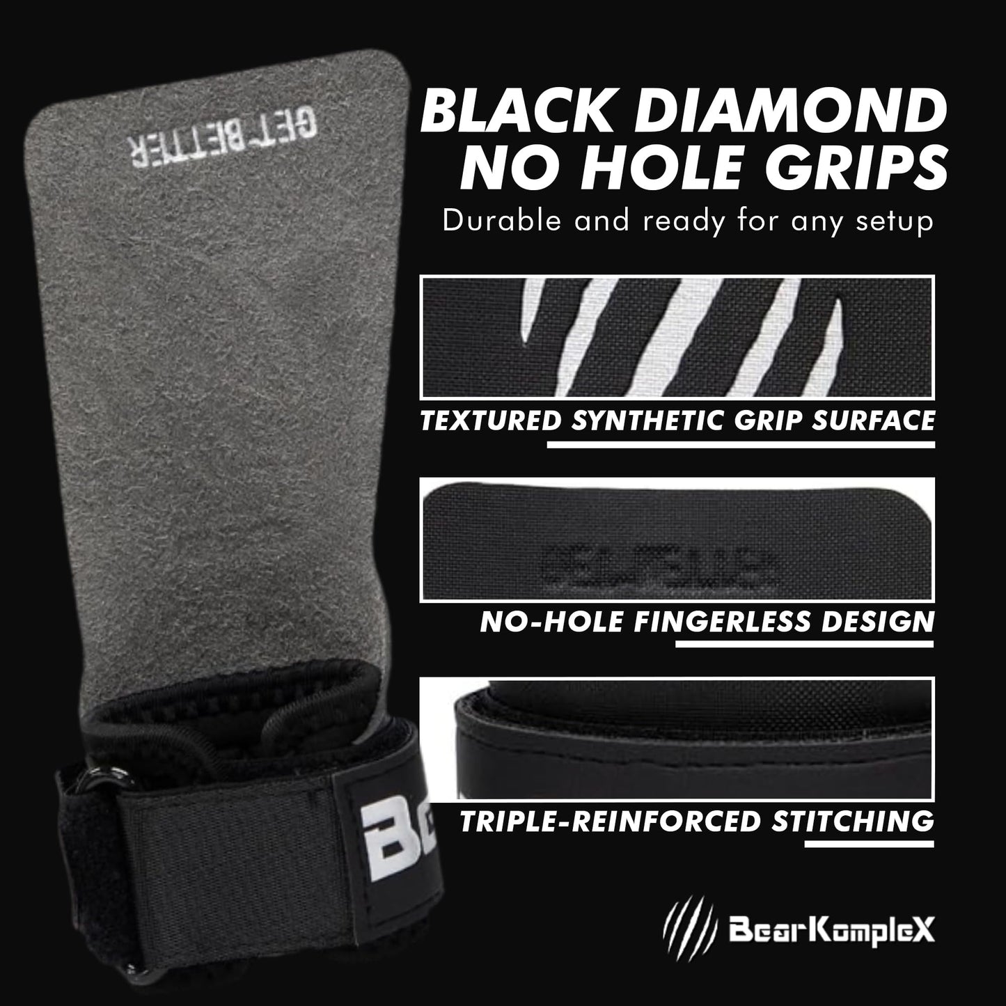Bear KompleX - Cross Training Hand Grips for Weight Lifting, Gymnastics, and Pull Ups - Lightweight and High Performance Powerlifting Grips for Men and Women - No Hole Design, Black Diamond