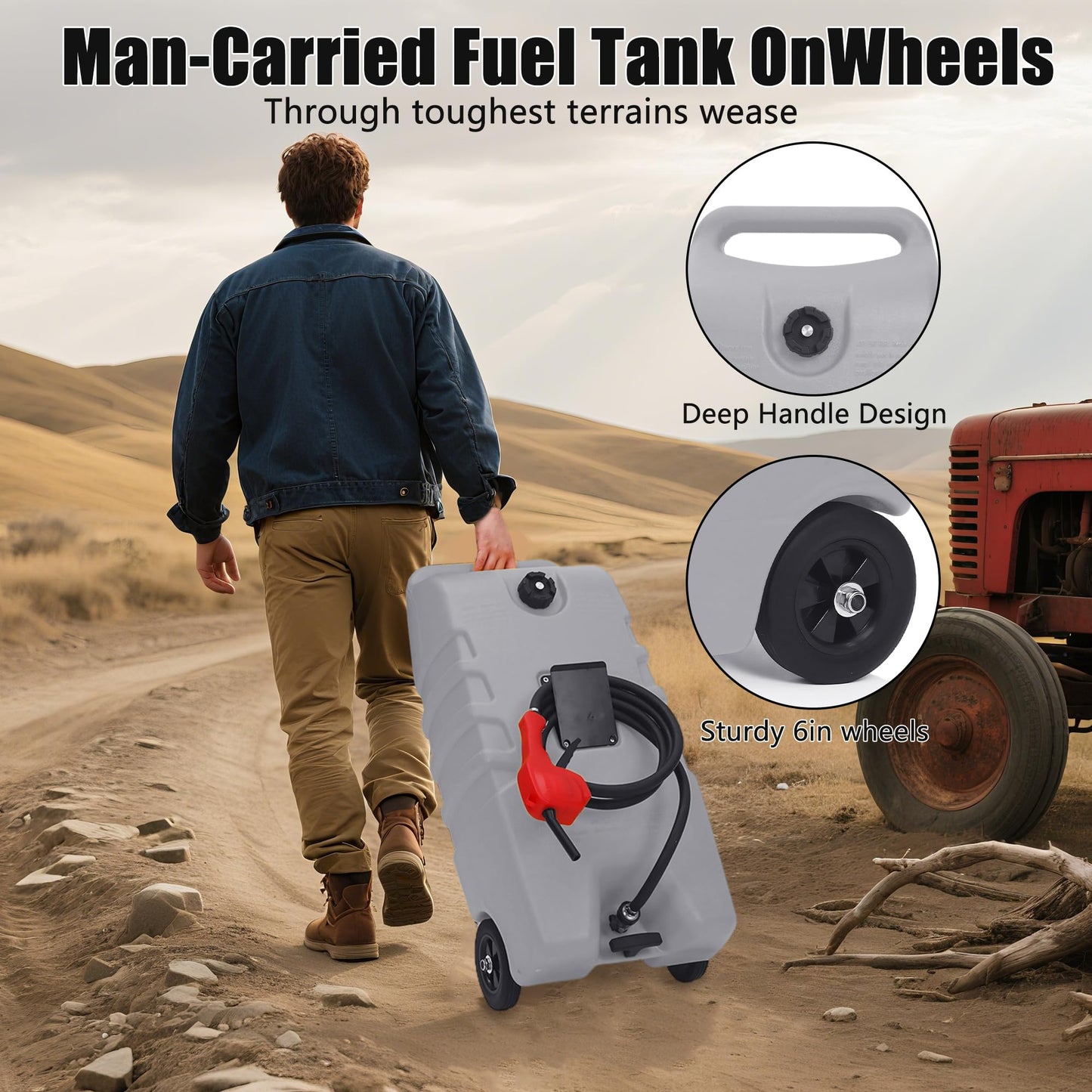 Garvee 14 gal Portable Fuel Tank, Gray Fuel Storage Container with Manual Siphon Pump & 10 ft Hose, Gasoline Diesel Caddy with Wheels, Fuel Transfer Tank for Car, ATV, Boat, Lawn Mower, Generator