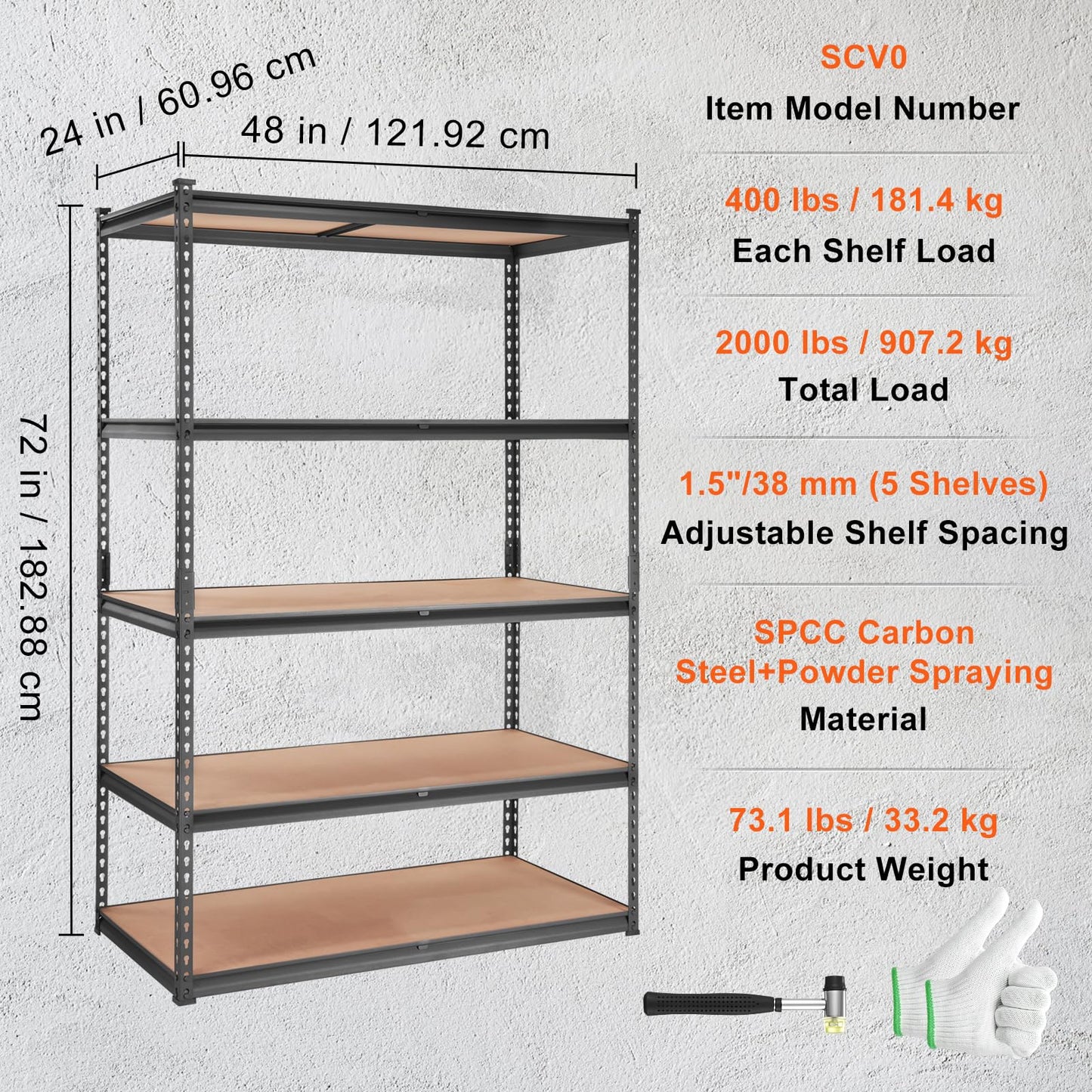 VEVOR Storage Shelving Unit, 5-Tier Adjustable Storage Shelves, 48" L x 24" W x 72" H Heavy Duty Garage Storage Shelves, Metal Shelves for Kitchen Pantry Basement Bathroom Laundry