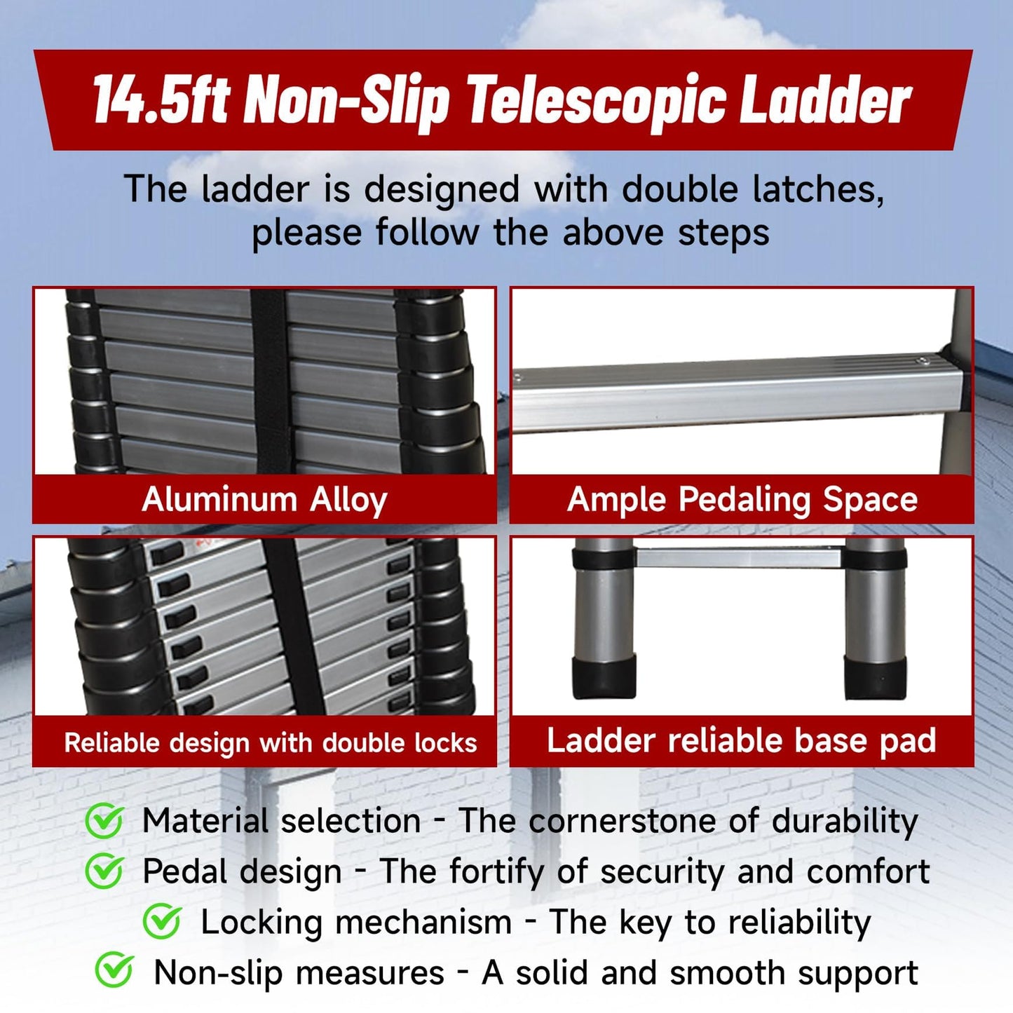 findmall 14.5FT / 4.4M Aluminum Telescopic Ladder Multi Use Non-Slip Collapsible Ladder Telescoping Ladders