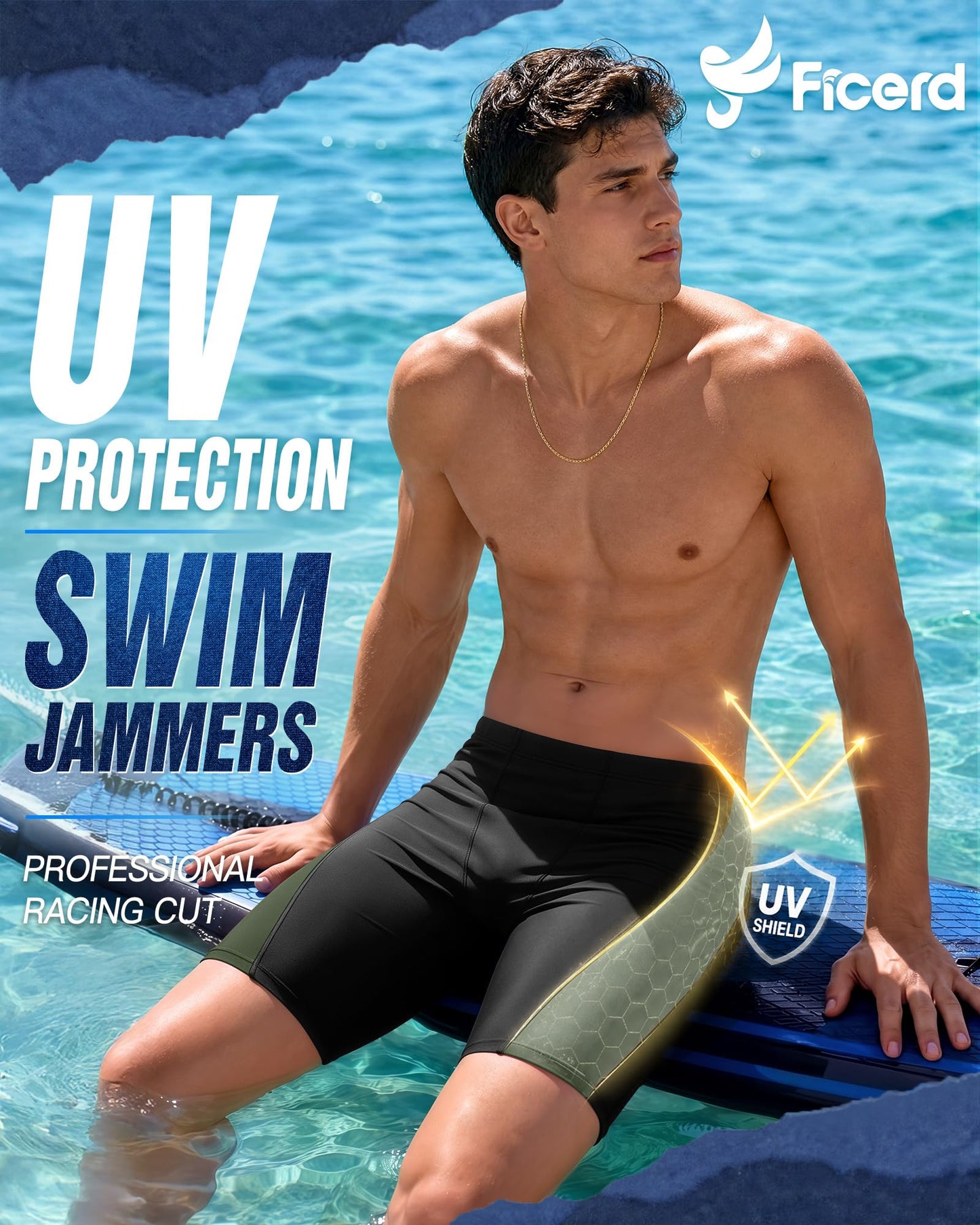 Ficerd Men's Swim Jammer UPF 50+ Quick Dry Athletic Competitive Training Swimwear Swimming Shorts with Drawstring(Black Green,Large)