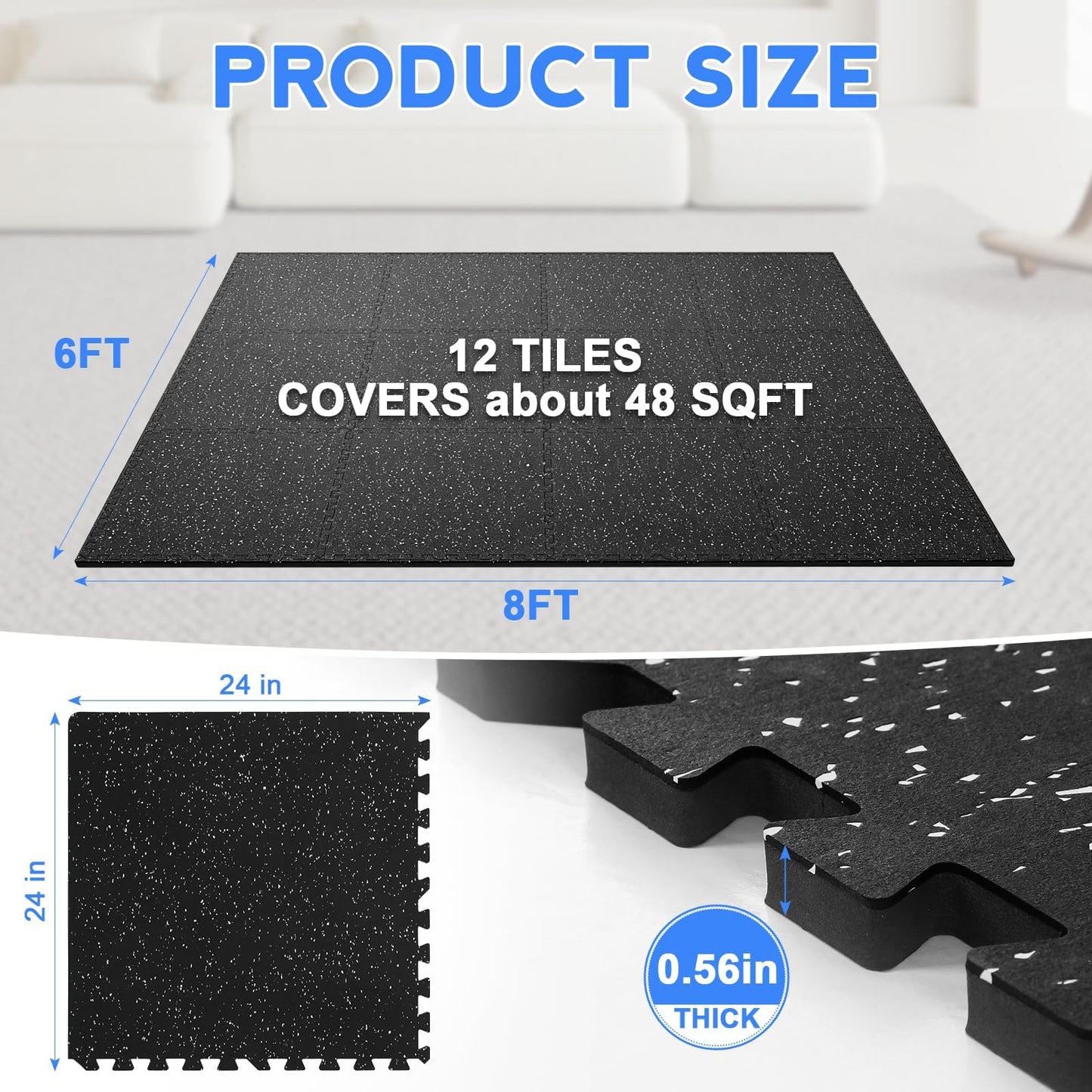 Rubber Gym Floor Mats, 12 Tiles 48 Sq Ft, 0.56" Thick Heavy Duty Gym Flooring for Home Gym, Exercise Equipment Mat for Treadmill, Weightlifting & Workout Area, Non-Slip Protective Flooring