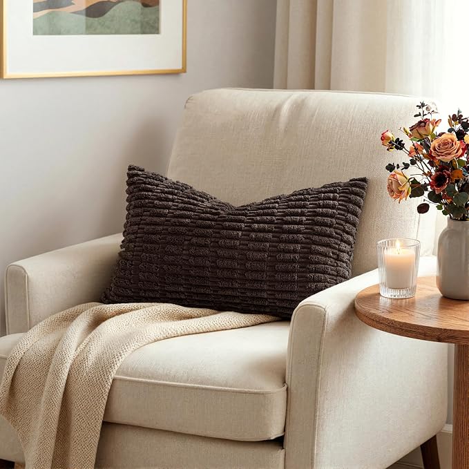 MIULEE Pack of 2 Corduroy Decorative Lumbar Throw Pillow Covers 20x12 Inch Soft Boho Striped Pillow Covers Modern Farmhouse Home Decor for Sofa Living Room Couch Bed Dark Brown