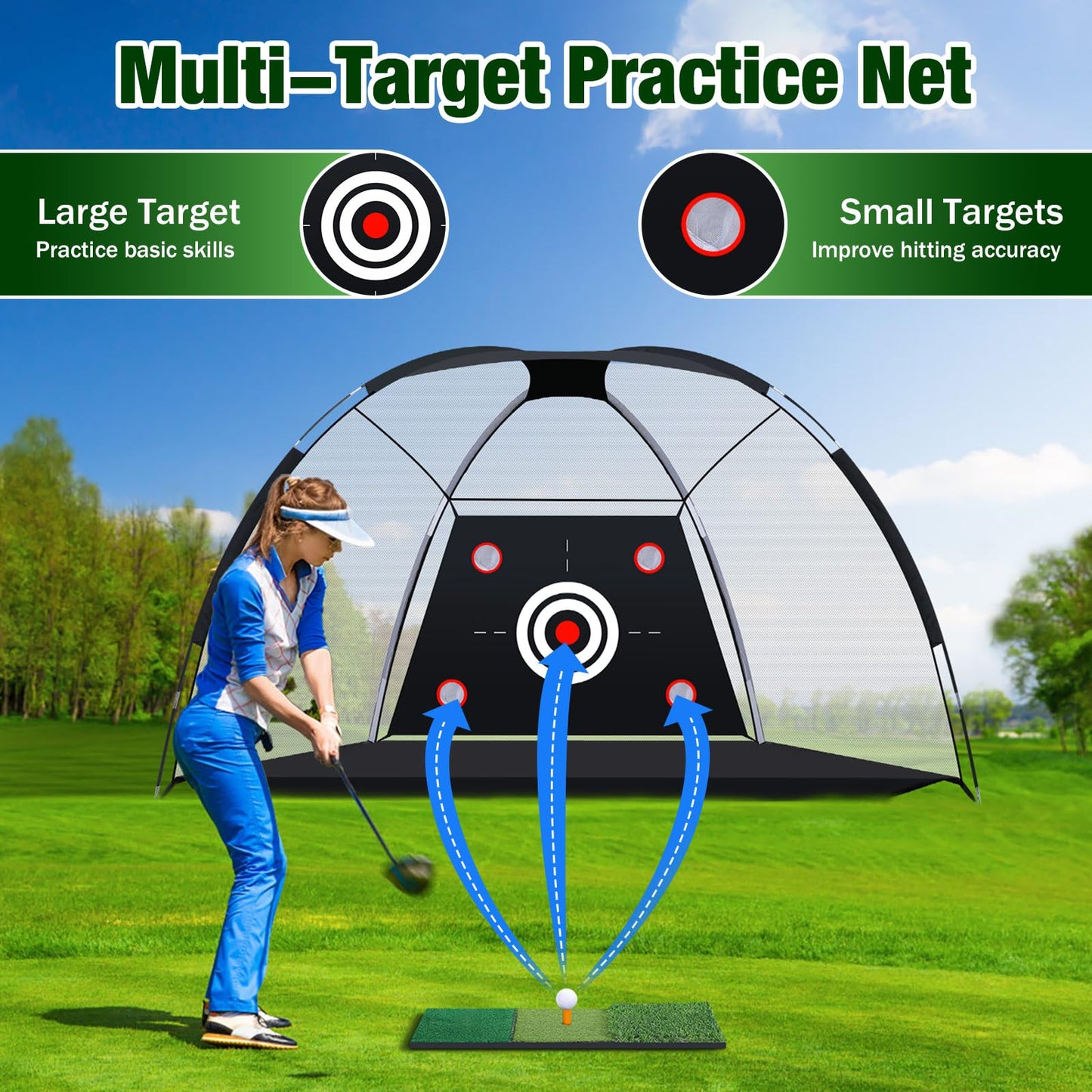 MoKo Golf Net with Practice Mat, 10 x 7 ft Golf Hitting Net for Outdoor Indoor Backyard Driving Chipping Swing Training, All-in-One Multi-Target Practice Nets, Gifts for Men Dad Him and Golfer, Black