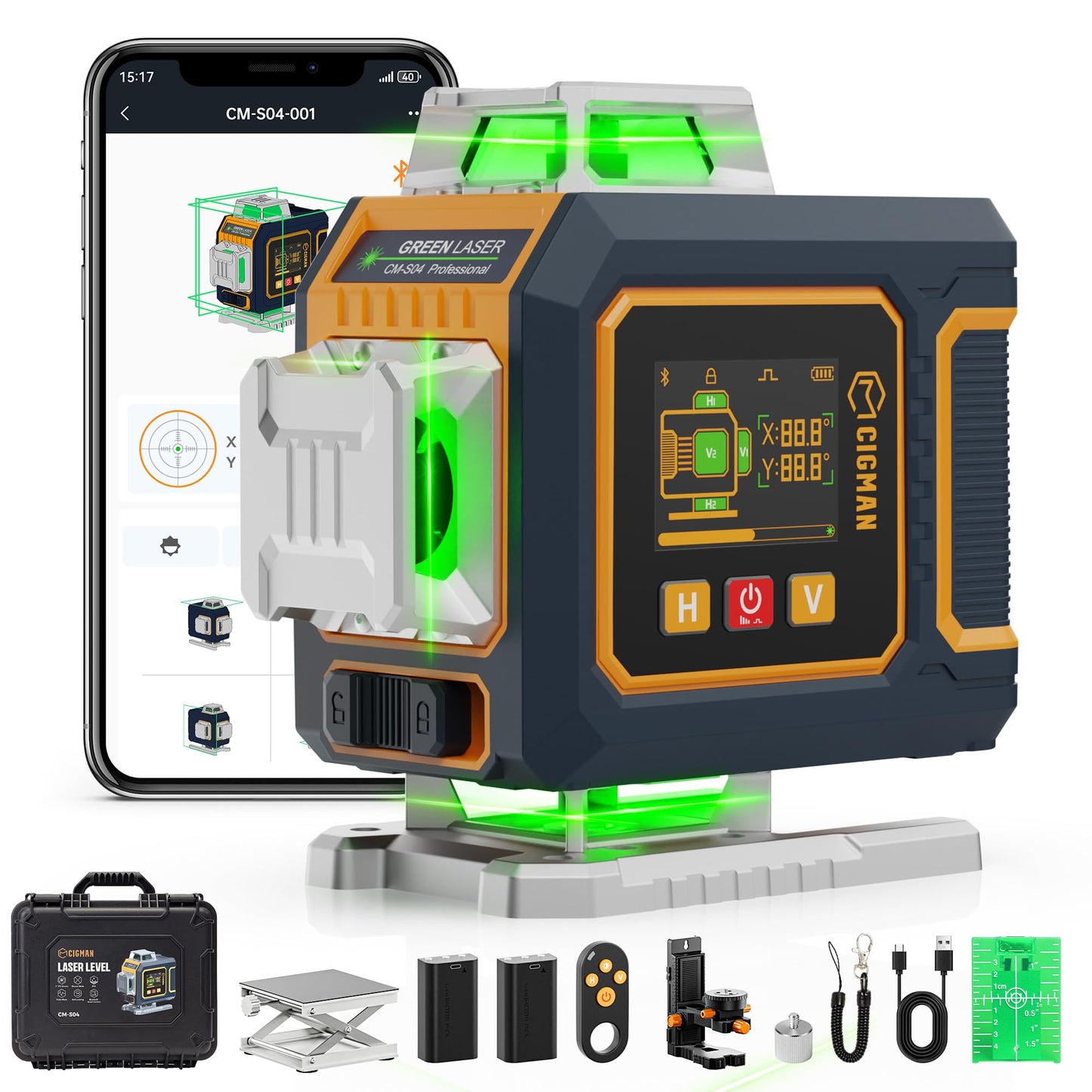CIGMAN 16 Lines Green Laser Level 4×360° Self Leveling, Side LCD, Bluetooth App Remote, Pulse Mode for Receiver, 2×Li-ion (USB-C), Liftable Stand, 1/4" Mount, IP54, ABS Hard Case – S04