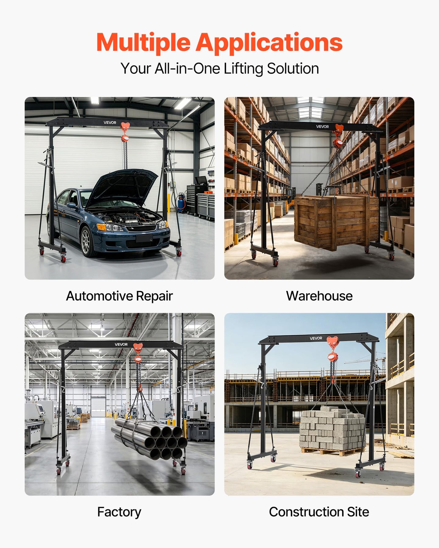 VEVOR Adjustable Gantry Crane, 2200 lbs Capacity, Portable Shop Lift Hoist with 95.7-142.9 in Height Adjustable, Manual Trolley, Hoist, Sling, Shackles, Hooks, for Garage Factory Warehouse Auto Repair
