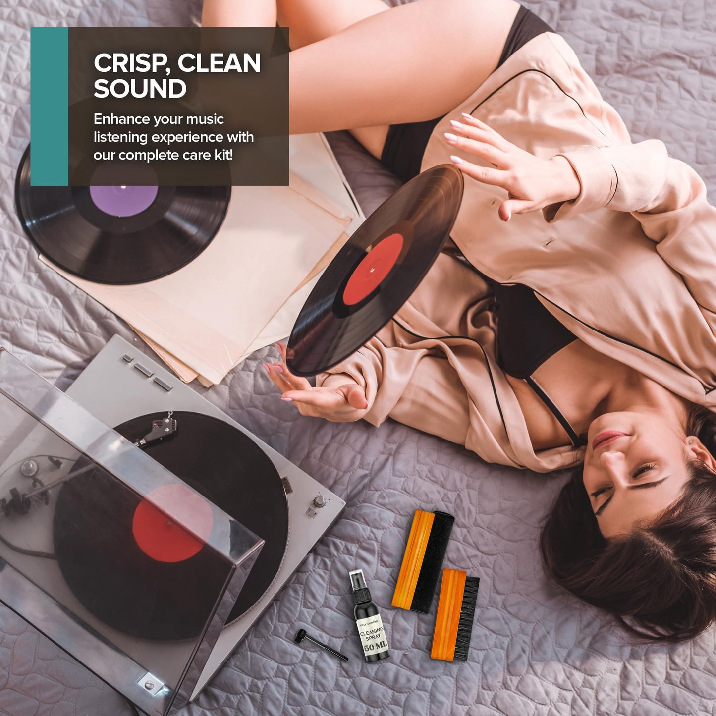 Stock Your Home Vinyl Record Cleaning Kit – 6-Piece Set with Vinyl Cleaner Spray, Anti-Static Velvet Brush, Needle Cleaning Gel & Brush, Drawstring Duster Bag