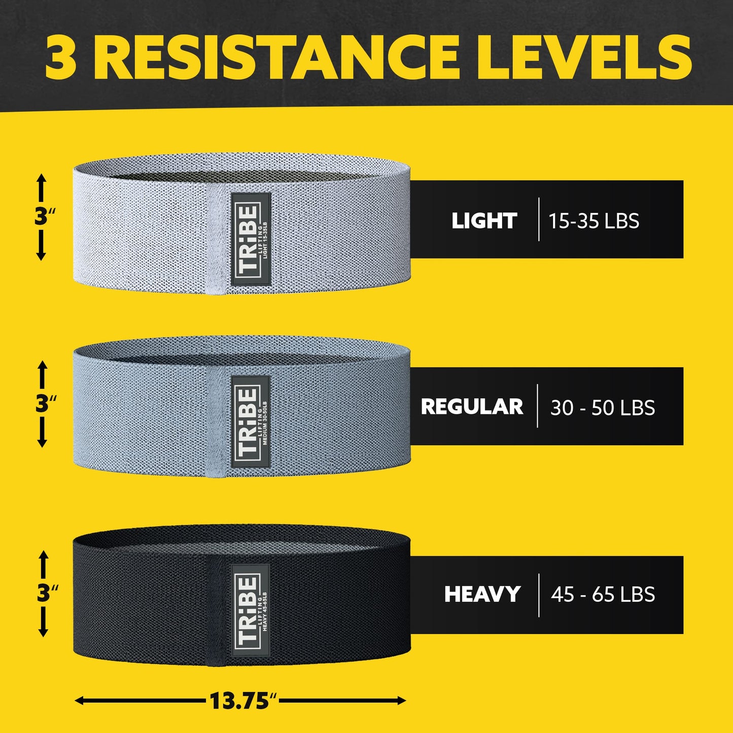 Tribe Lifting Resistance Bands for Working Out - 3 Pack Fabric Workout Bands for Women and Men - Booty Bands for Legs and Glute - Non Slip Exercise Bands Set for Squat Hip Thigh (Gray)