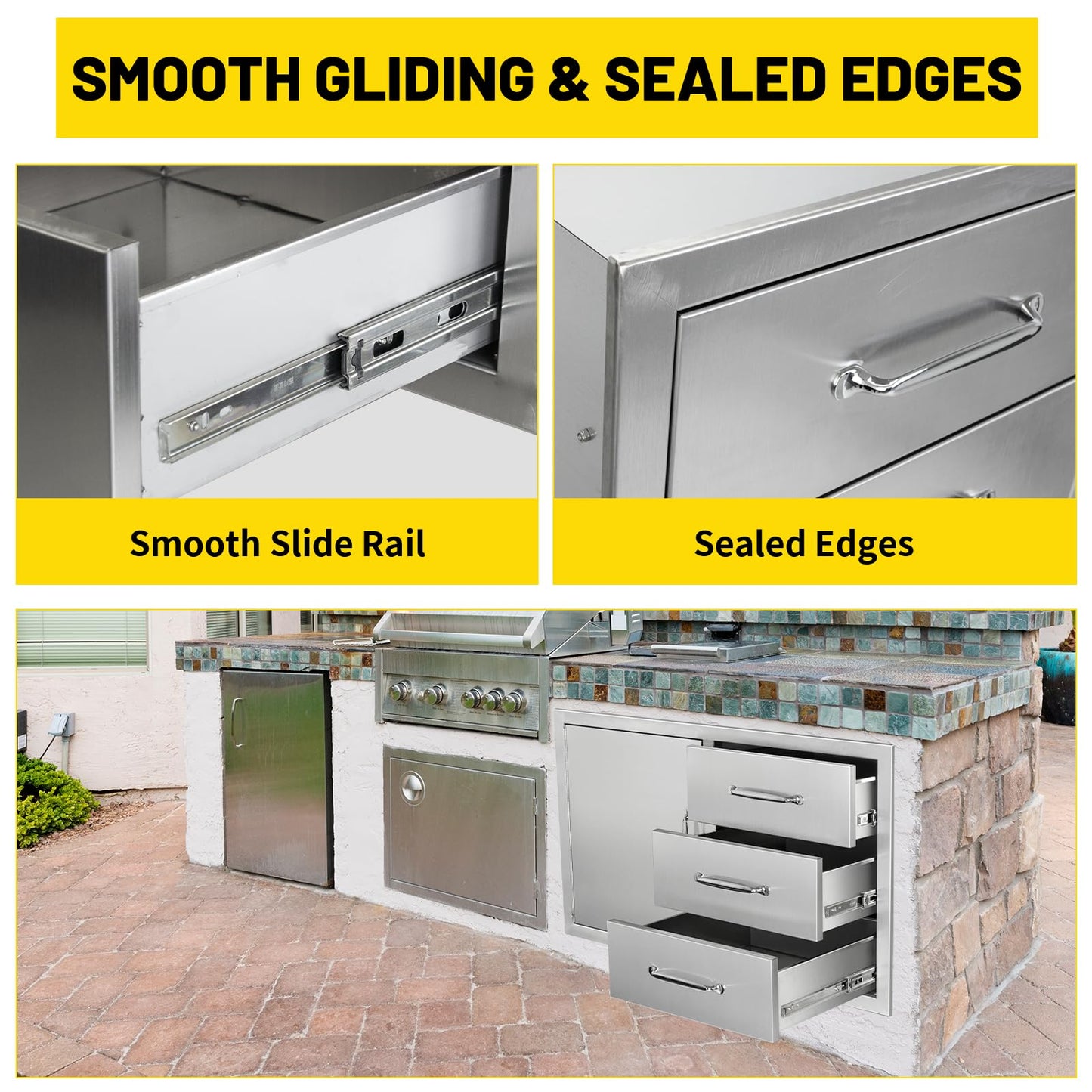 SGOLAN Outdoor Kitchen Door Drawer Combo Cabinet 38.1W x 22.6H x 20.8D BBQ Access Door&Triple Drawers Combo, Stainless Steel Handles for Outdoor Kitchen Island