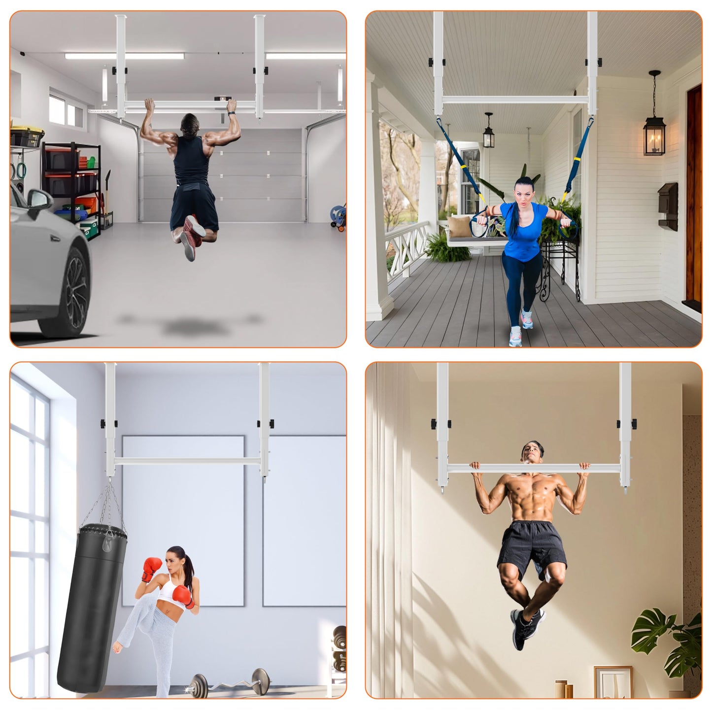 HWOOUSA 48" Ceiling Mount Pull Up Bar, Heavy Duty Multi-Grip Rafter Chin Up Bar for Garage/Basement/Backyard Ceiling Beam, Adjustable Height&Supports to 650 Lbs (White)