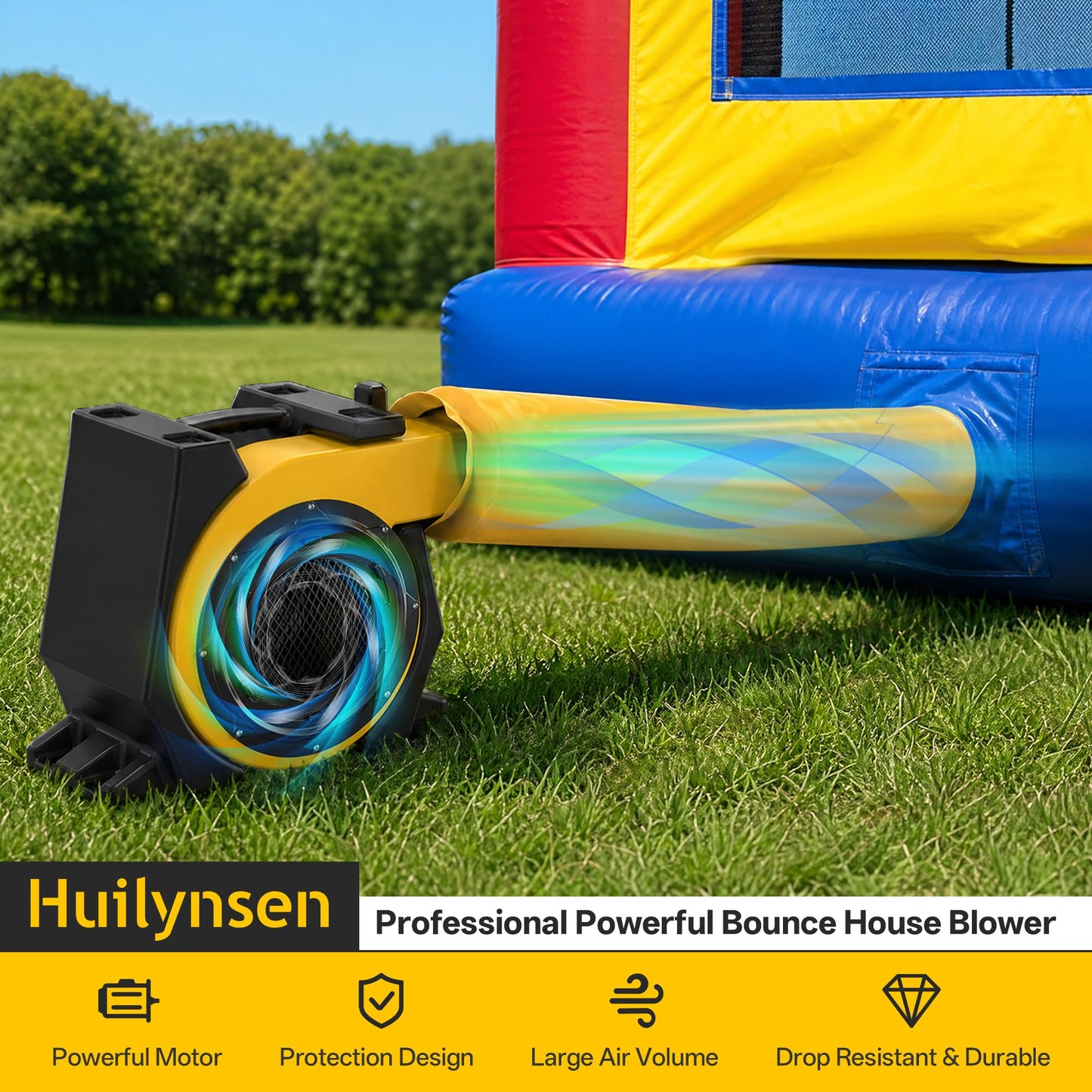Huilynsen Air Blower for Inflatables 1.5 HP,Commercial Bounce House Blower with Double-Sided Fan Blade 1500 CFM PP Weatherpoof Blower Fan for Inflatable Water Slide,Paint Booth(Black&Yellow)