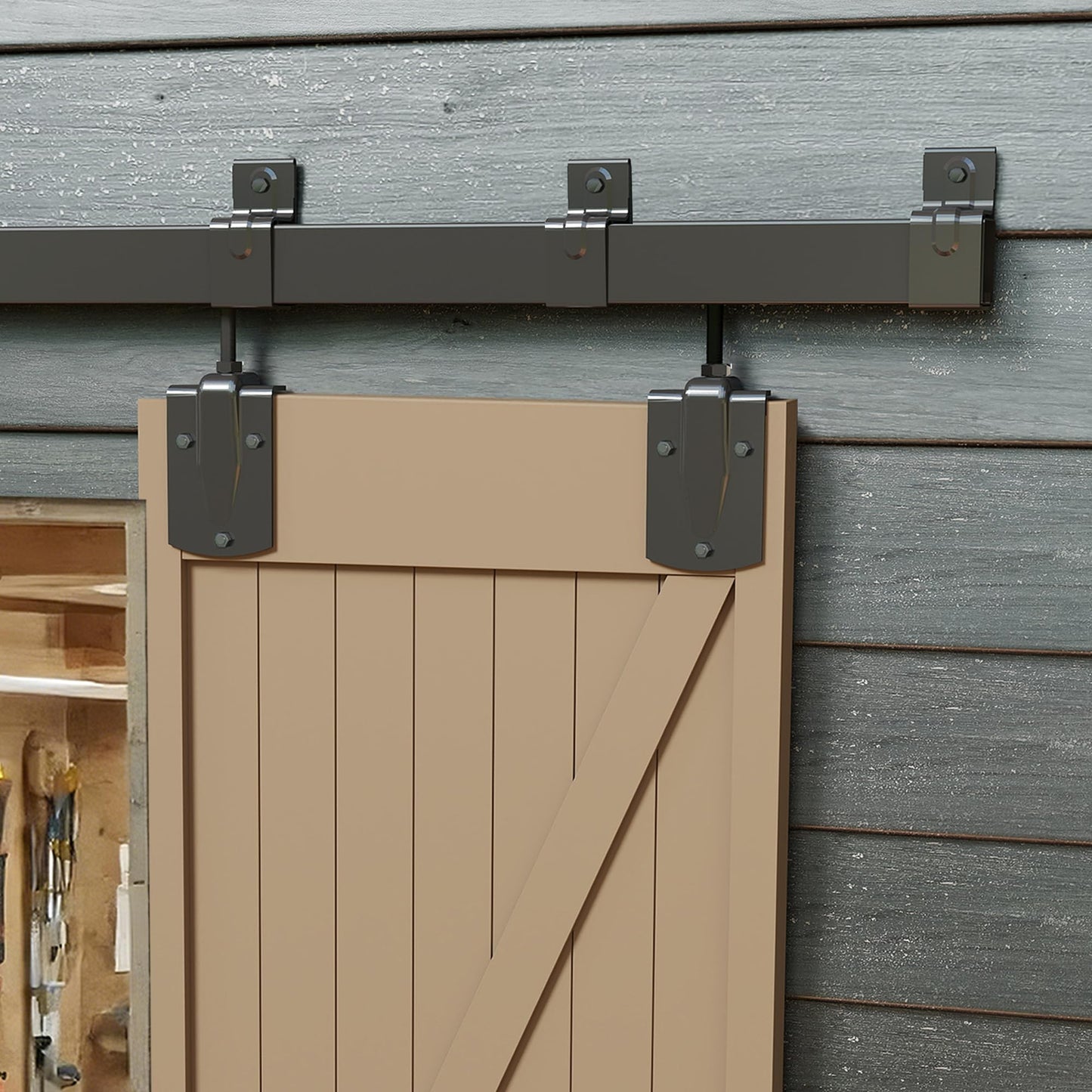 JUBEST 9FT Box Rail Exterior Barn Door Hardware Kit, Heavy-Duty Black Sliding Barn Door Track System, Wall Mount Door Hardware Kits (Door Not Included)